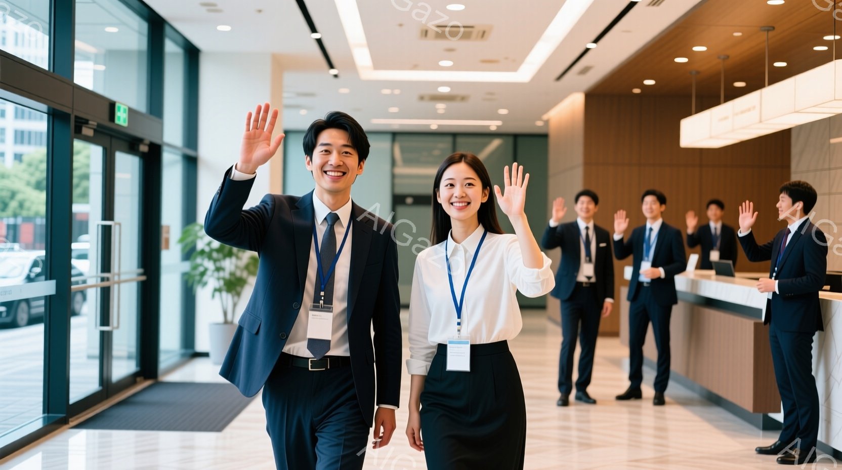 ビジネススーツを着た若い男女が、笑顔で手を振って歩いている様子が写っている。背景には受付カウンターがあり、他のビジネスマンたちが立っている。明るい室内とガラス張りのエントランスからは自然光が差し込み、清潔感があり、歓迎的な雰囲気が漂っている。