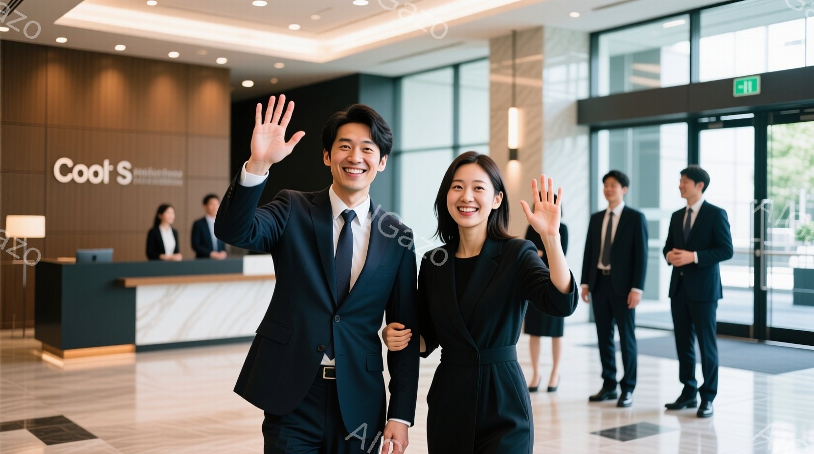 紺色のスーツを着た若い男性と女性が写っており、笑顔で手を振っています。彼らは明るい屋内空間、おそらくロビーまたはオフィスビルの受付で、他のスーツを着た人々が後ろに立っています。背景には大きなガラス窓が - AI生成フリー素材