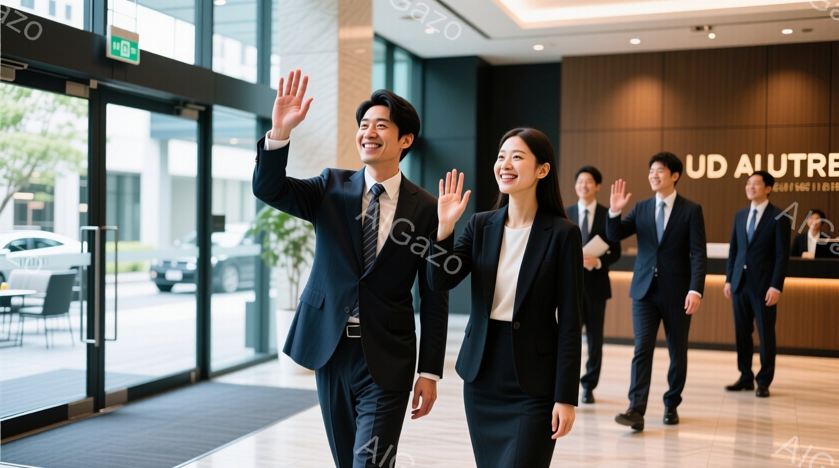 ビジネススーツを着た男女が、明るい室内で手を振って歩いている様子が写っている。男性は黒いスーツにネクタイ、女性は黒いスーツに白いブラウスを着ており、どちらも笑顔で活気に満ちている。背景には受付カウンタ - AI生成フリー素材