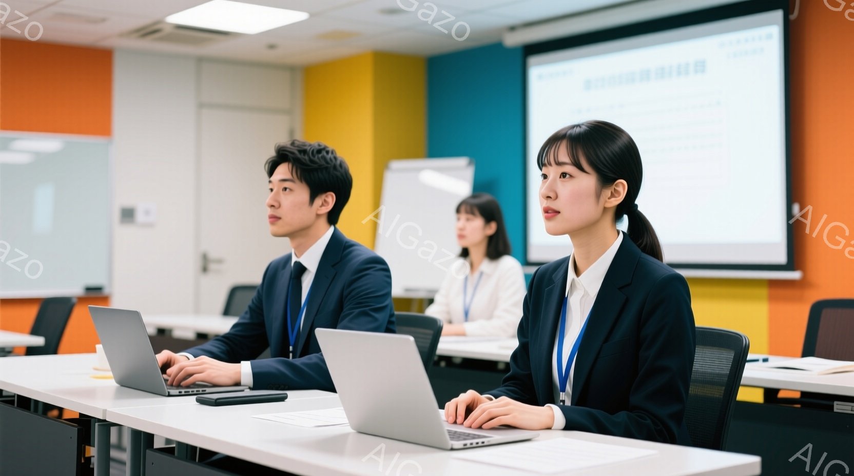 紺色のジャケットと白いシャツを着たビジネスマンと女性が、明るい研修室でノートパソコンに向かっています。女性は髪を後ろでまとめ、少し顎を上げて集中した表情をしています。背景には、白板とカラフルな壁があり、研修やセミナーの様子が伺えます。