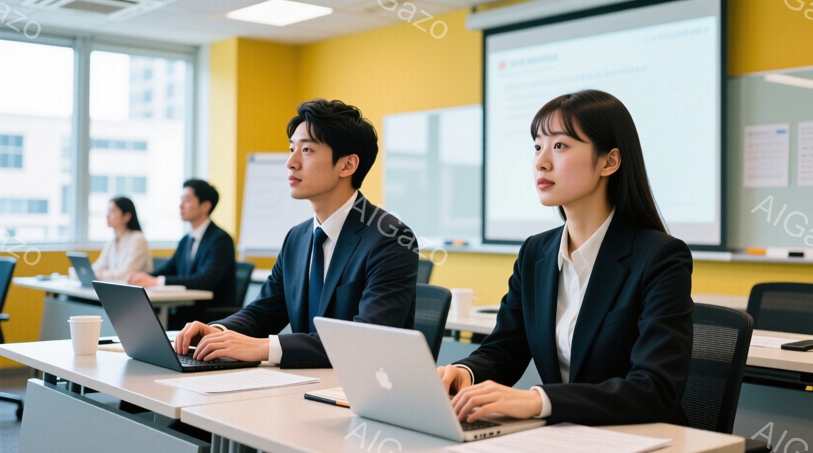 紺色のスーツを着た若いビジネスパーソンが、明るい教室のような空間でノートパソコンを操作している。男性は黒髪で真剣な表情でタイピングをしており、女性は同じようにスーツ姿で、少し考え込むような表情でキーボードを見ている。背景には他の参加者も座っており、全体的に集中した雰囲気の研修やセミナーの場であることがわかる。