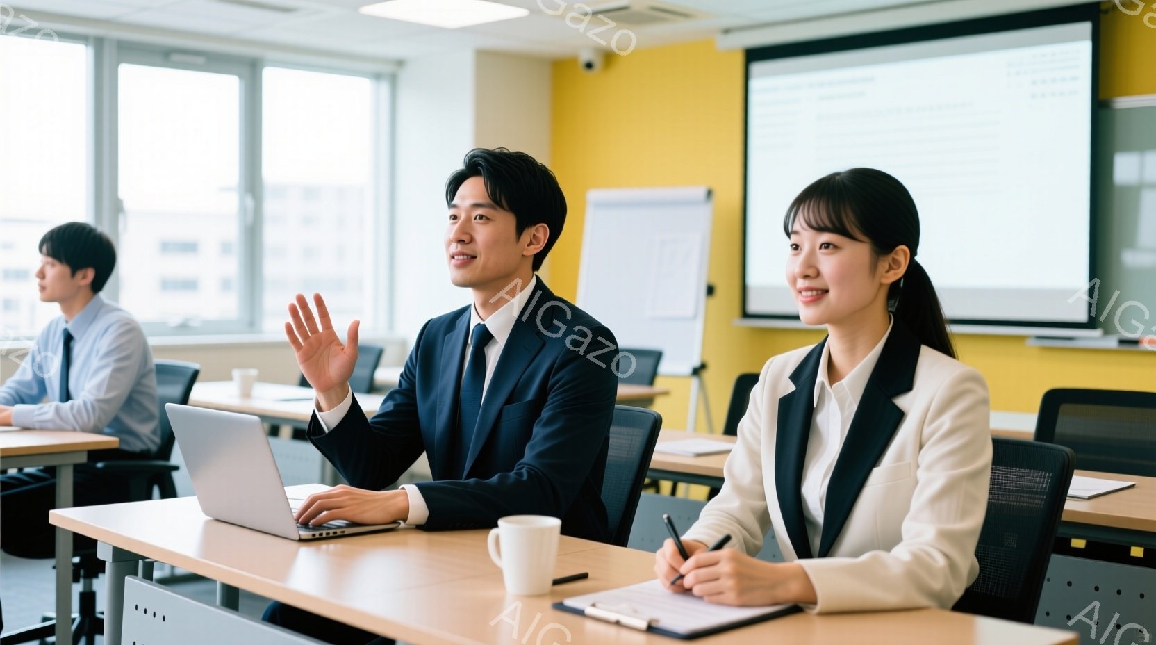 ビジネススタイルの男性と女性が会議室に座っており、男性はパソコンに向かって手を挙げて何かを説明しているようだ。女性はノートとペンを持ち、熱心にメモを取っている様子で、明るい表情をしている。背景には他の参加者とホワイトボードが見え、全体的に活気があり、協力的な雰囲気を感じさせる。