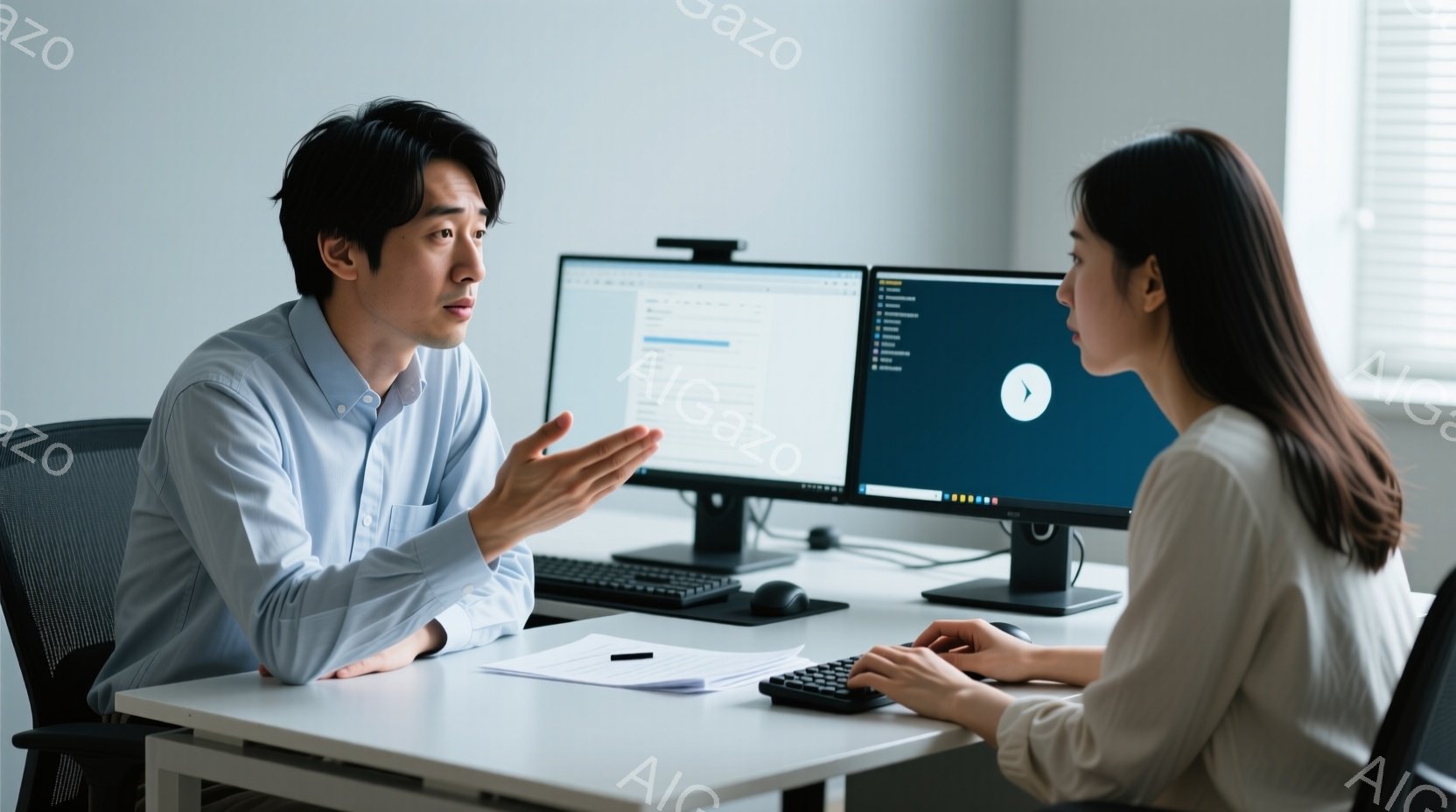 2人のビジネスパーソンがオフィスで対面している。男性は青いシャツを着ており、何かを説明しているようなジェスチャーをしている。女性はベージュ色のブラウスを着てキーボードを操作しており、集中して男性の話を - AI生成フリー素材