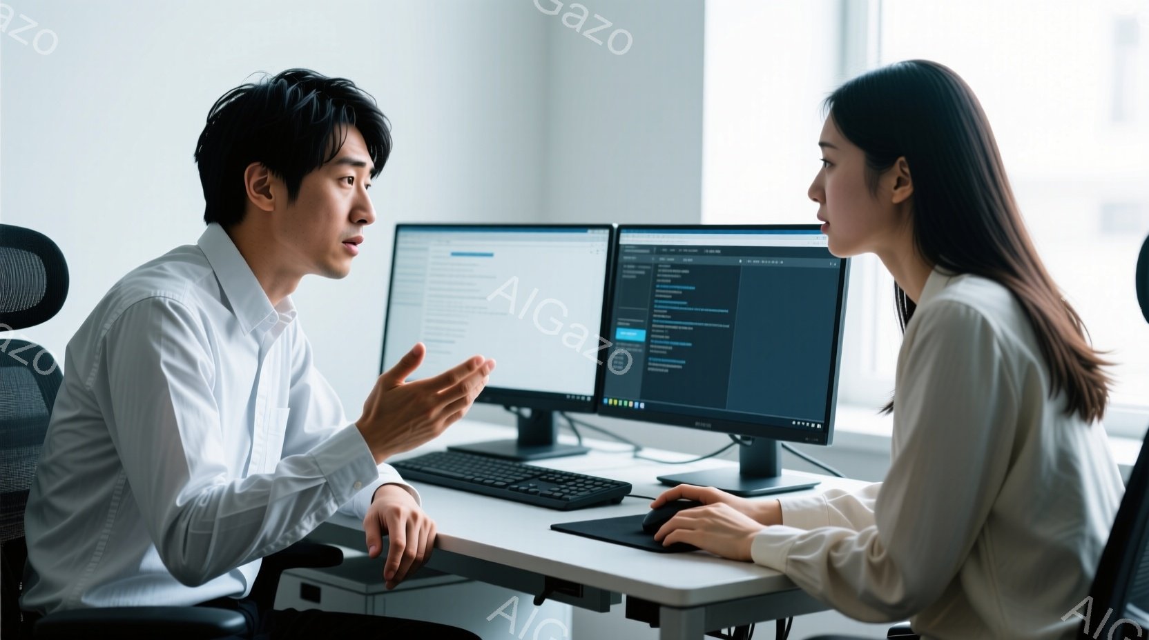 2人の人物が、オフィスのような空間でコンピューターに向かい合って座っている。男性は白いシャツを着ており、身振り手振りを交えながら何かを説明しているような表情をしている。女性はベージュ色のブラウスを着て - AI生成フリー素材