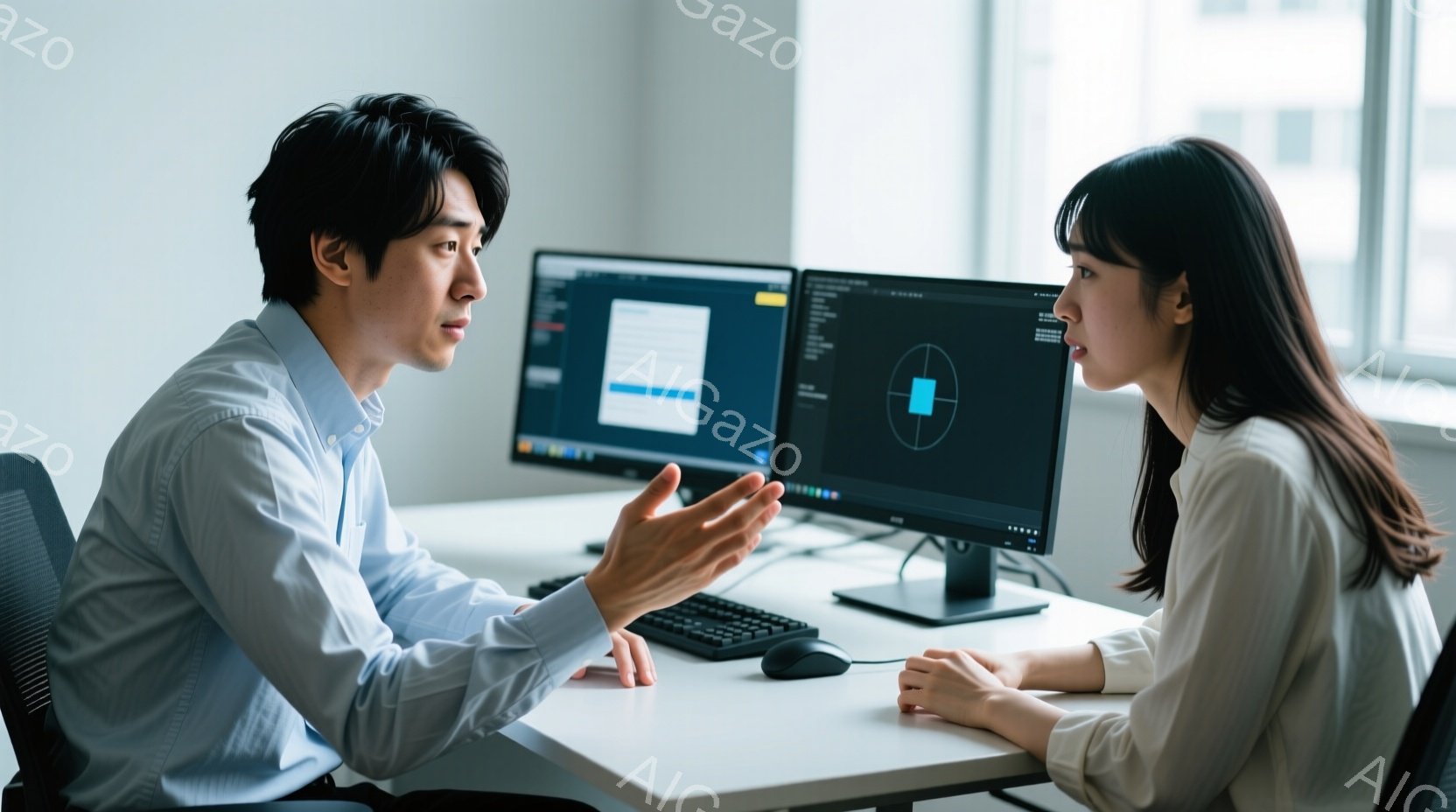 二人のビジネスパーソンがオフィスでモニターを見ながら会話しています。男性は青いシャツを着ており、身振り手振りを交えながら何かを説明しています。女性はベージュ色の服を着ており、真剣な表情で相手の話を聞いています。