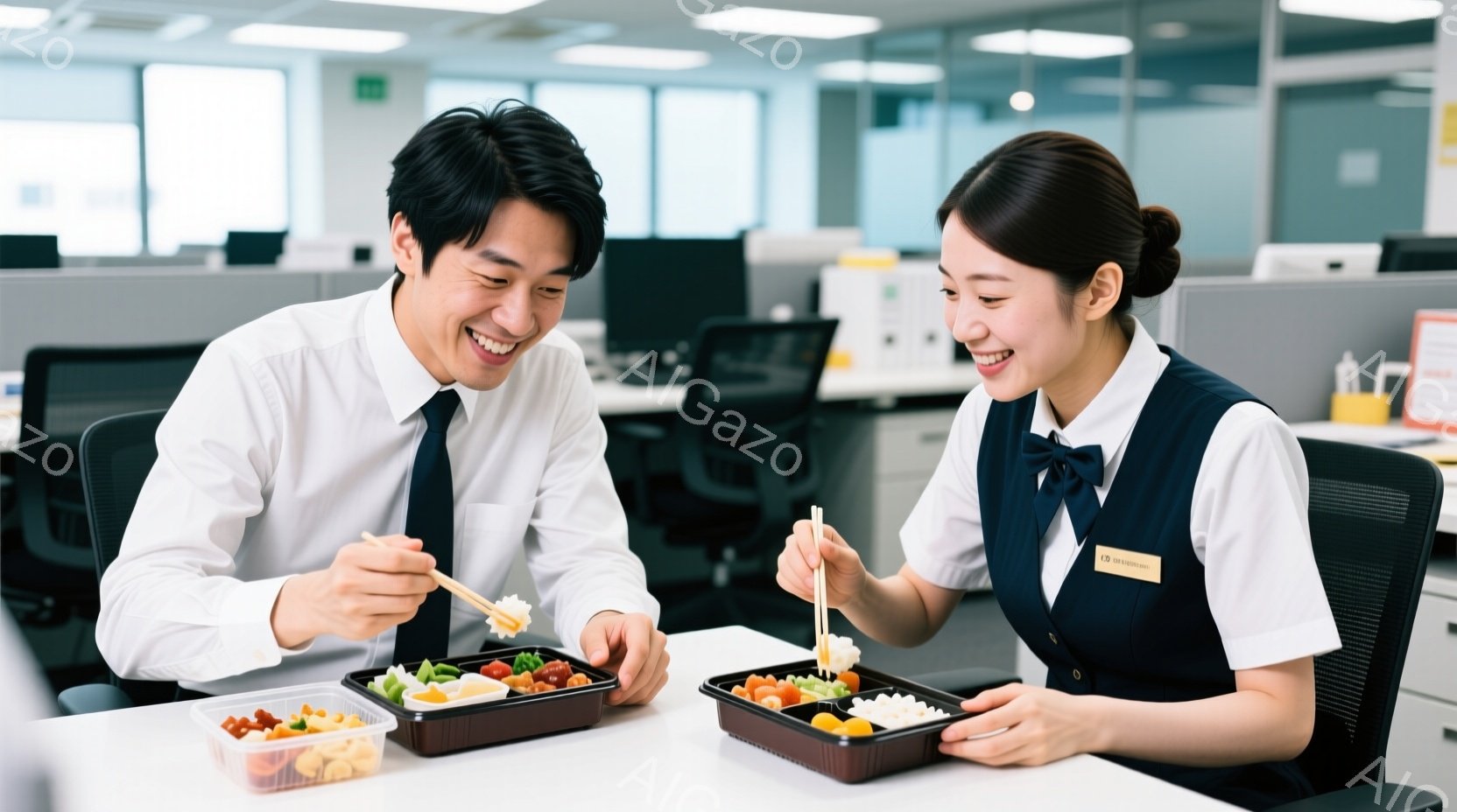 笑顔の男女が、オフィスで弁当を食べている様子が写っている。男性は白いシャツにネクタイ、女性は紺色のベストと白のブラウスを着ており、どちらも楽しそうな表情をしている。背景にはオフィスチェアやデスクが並び - AI生成フリー素材
