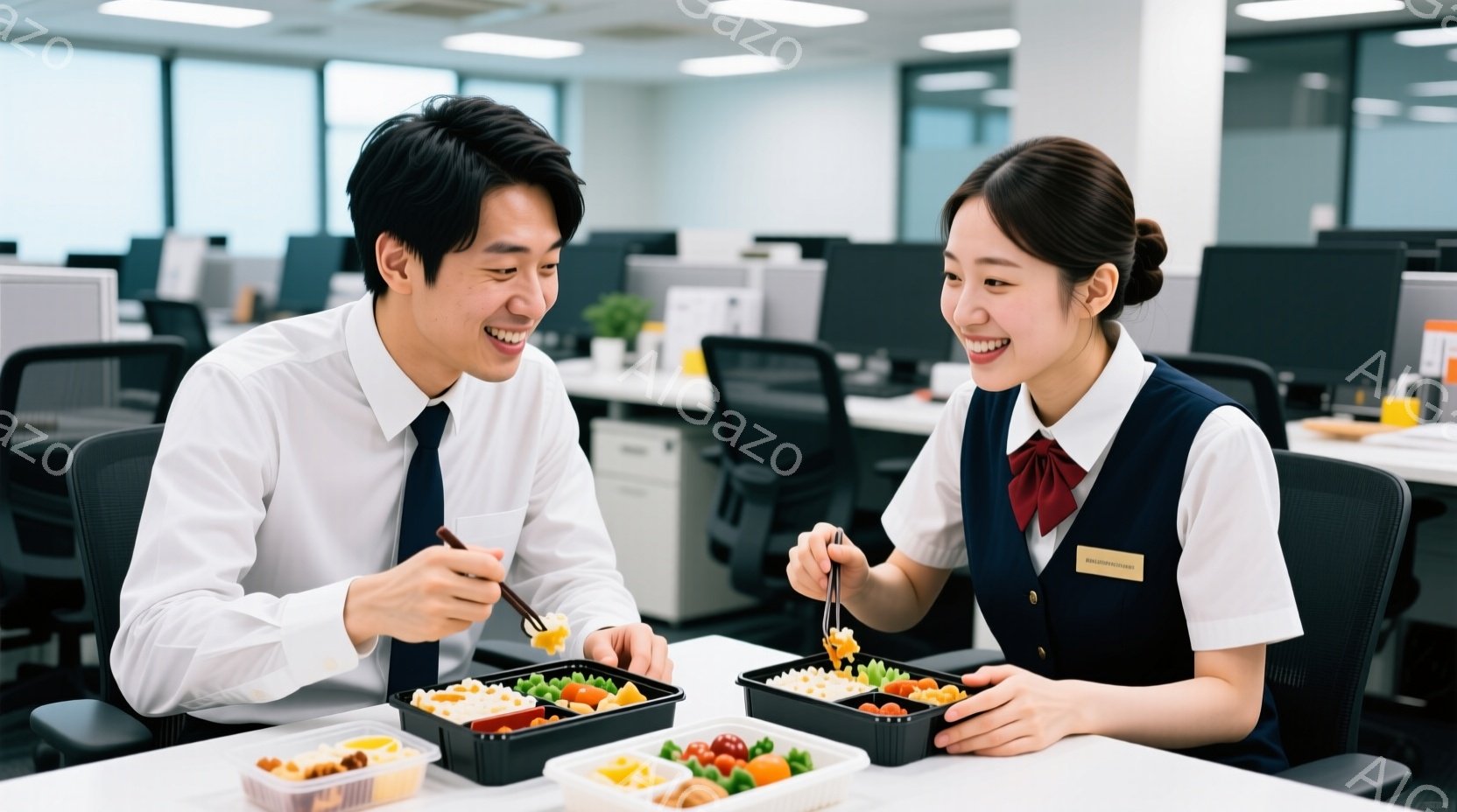 オフィスで昼食をとる男女が写っています。男性は白いシャツにネクタイ、女性は青いブレザーに赤いリボンをつけており、共に笑顔で弁当箱から箸で食事をしています。背景にはオフィス内のデスクやオフィス家具が見え - AI生成フリー素材
