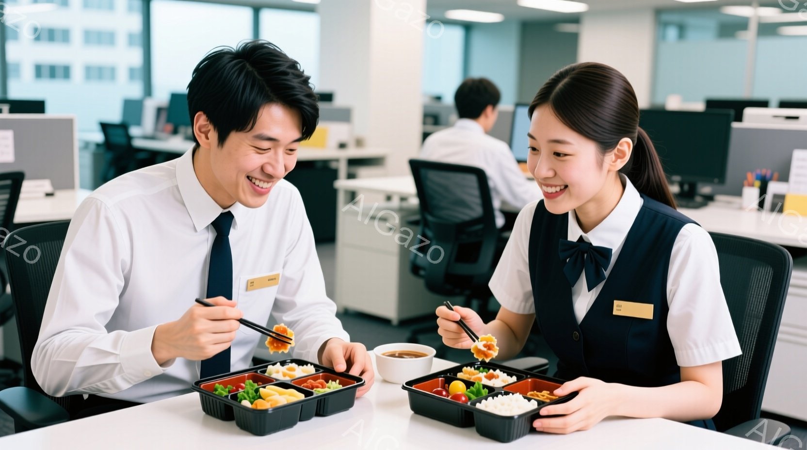 オフィス内で、若い男性と女性が弁当を食べている様子が写っている。男性は白シャツにネクタイ、女性はベストと白シャツを着ており、二人とも笑顔で、リラックスした雰囲気である。背景には他のオフィスワーカーやデ - AI生成フリー素材