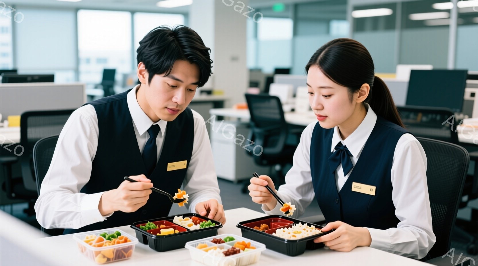 オフィスで弁当を食べている若い男女が写っています。二人は黒いベストと白いシャツを着ており、名札をつけています。男性は短髪で真剣な表情で食事を、女性はロングヘアで少し微笑みながら食事をしています。