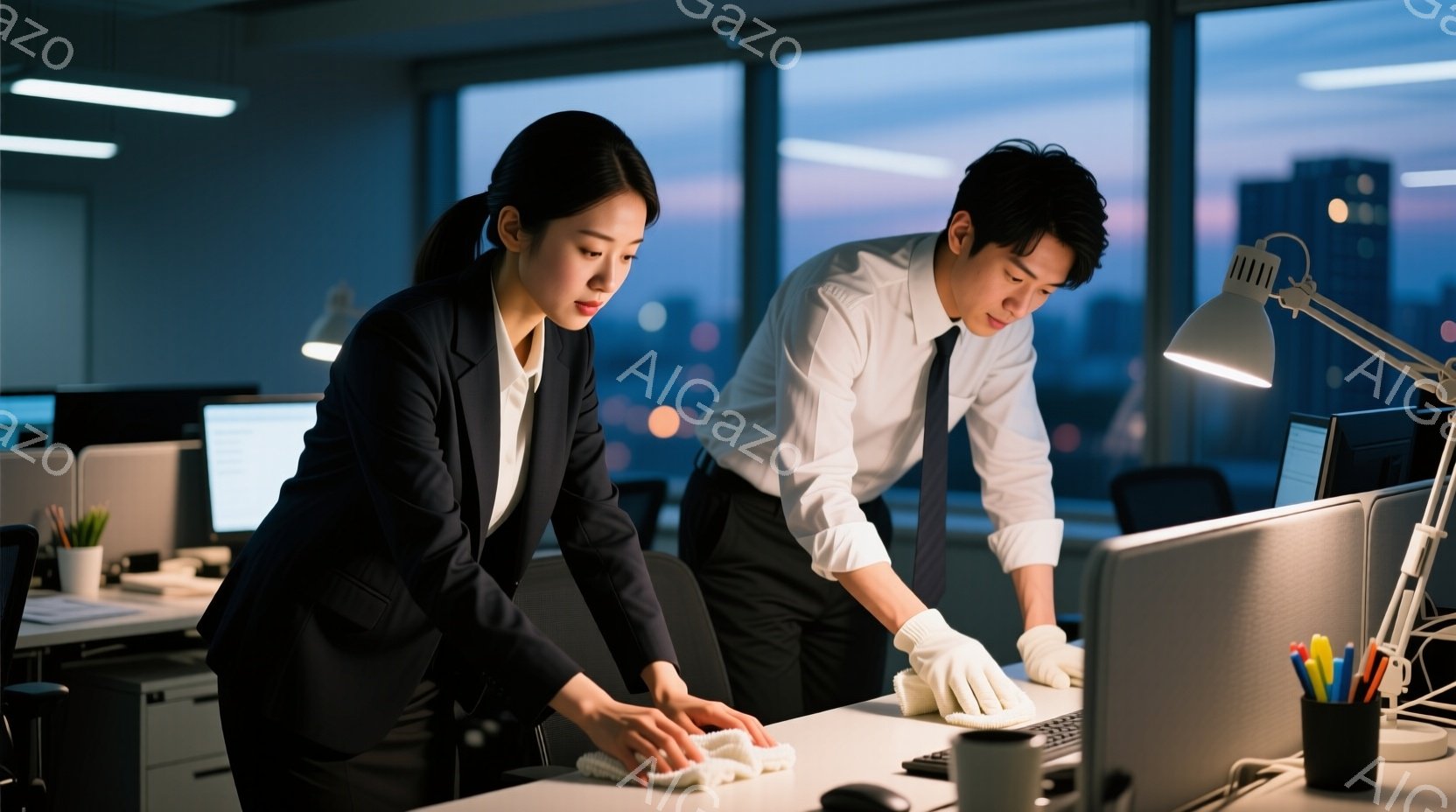 スーツを着た女性と男性が、オフィスでデスクを清掃している様子が描かれている。女性は黒いスーツで、髪を後ろにまとめ、真剣な表情で拭き掃除をしている。男性は白いシャツに黒いズボンを着用し、白い手袋をはめて - AI生成フリー素材