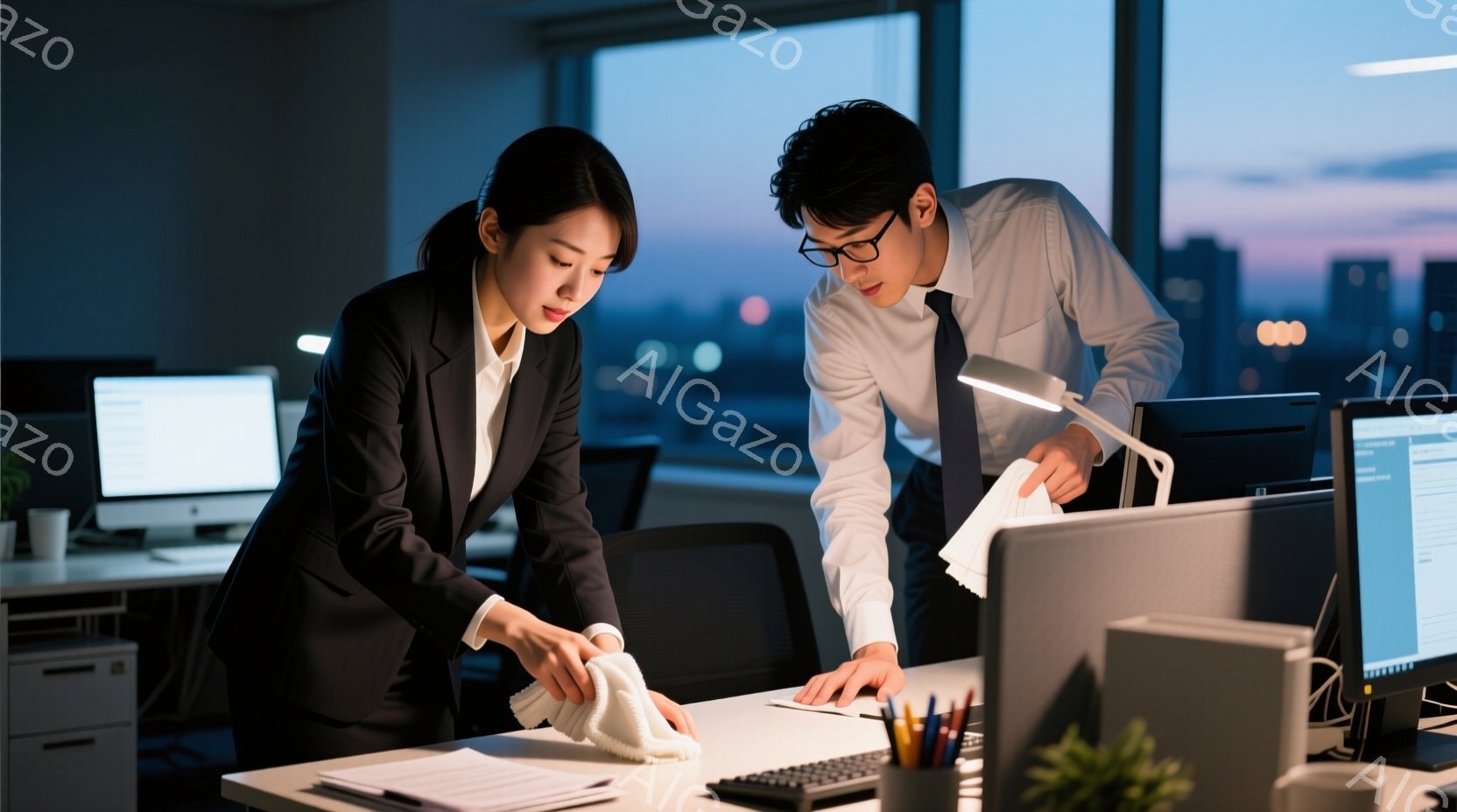 オフィスで働く若い男女が写っている。女性は黒いスーツを着ており、髪は後ろでまとめられている。男性は白いシャツにネクタイ、黒いパンツ姿で、書類を手にしながらデスクを覗き込んでいる。デスクの上には書類や筆 - AI生成フリー素材
