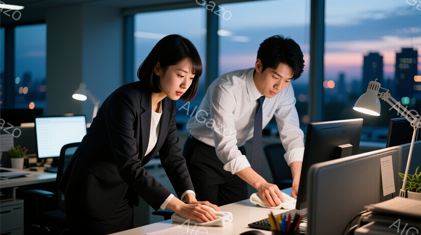 スーツを着た若い女性と男性が、オフィスでデスクのモニターを拭いています。女性は黒髪で、真剣な表情で拭き作業に集中しており、男性は白シャツにネクタイで、少し眉をひそめながら拭いています。背景には夜景が広 - AI生成フリー素材