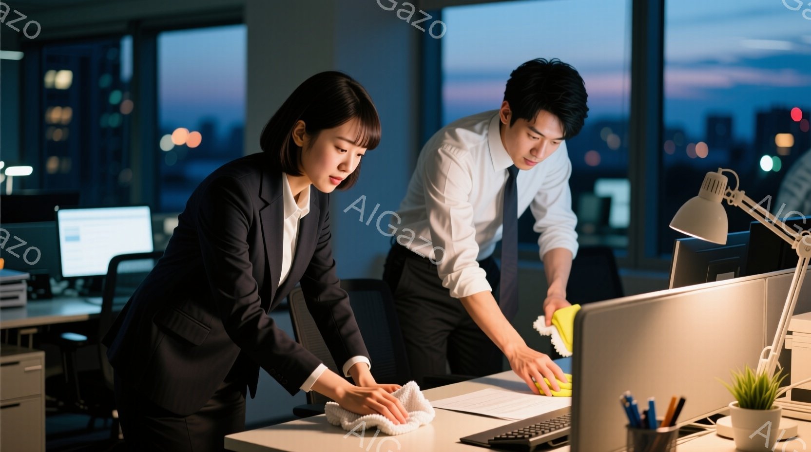 室内には、スーツ姿の男女がオフィスデスクを拭き掃除をしている様子が写っています。女性は黒髪を肩まで伸ばし、真剣な表情でデスクを拭いています。背景には高層ビル群が見え、夕暮れ時の空が差し込んでおり、全体的に真面目で落ち着いた雰囲気が漂っています。