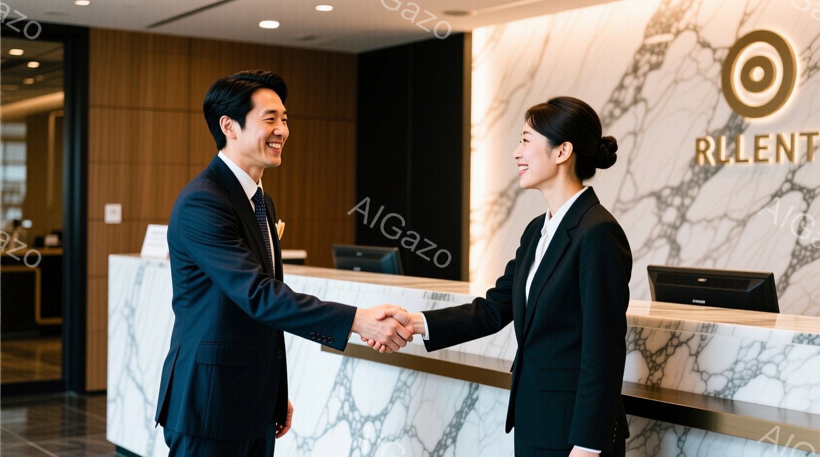 スーツを着た男性と女性が握手をしています。男性は濃い青色のスーツに黄色いネクタイ、女性は黒いスーツで、共に笑顔で相手を見つめています。背景は白を基調とした大理石調の受付カウンターで、落ち着いた雰囲気の - AI生成フリー素材