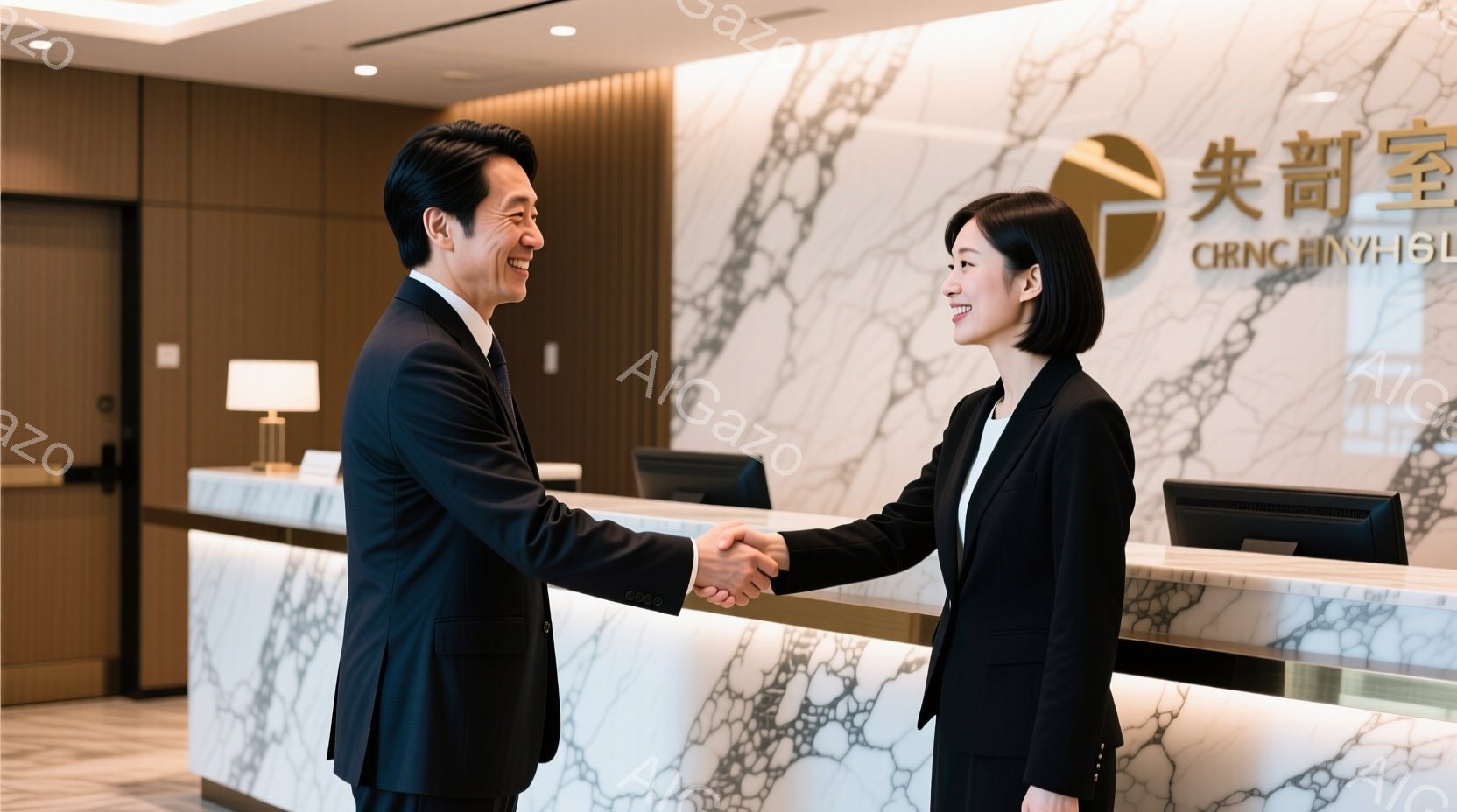 ビジネススーツを着た男性と女性が、ロビーで握手をしています。二人は笑顔で、互いに向き合い、プロフェッショナルな印象を与えます。背景には、大理石調の受付カウンターと、間接照明があり、洗練された雰囲気です - AI生成フリー素材