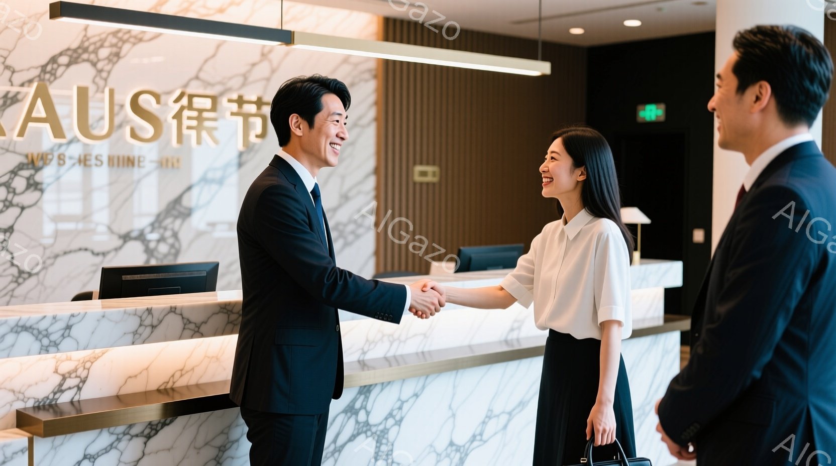 ビジネススタイルの男女が、大理石調の受付カウンターの前で握手をしています。男性は黒のスーツ、女性は白のブラウスと濃い緑のスカートを着用し、共に笑顔で向かい合っています。背景には受付カウンターと、間接照明、そして一部壁が見え、全体的に清潔感があり、歓迎的な雰囲気です。