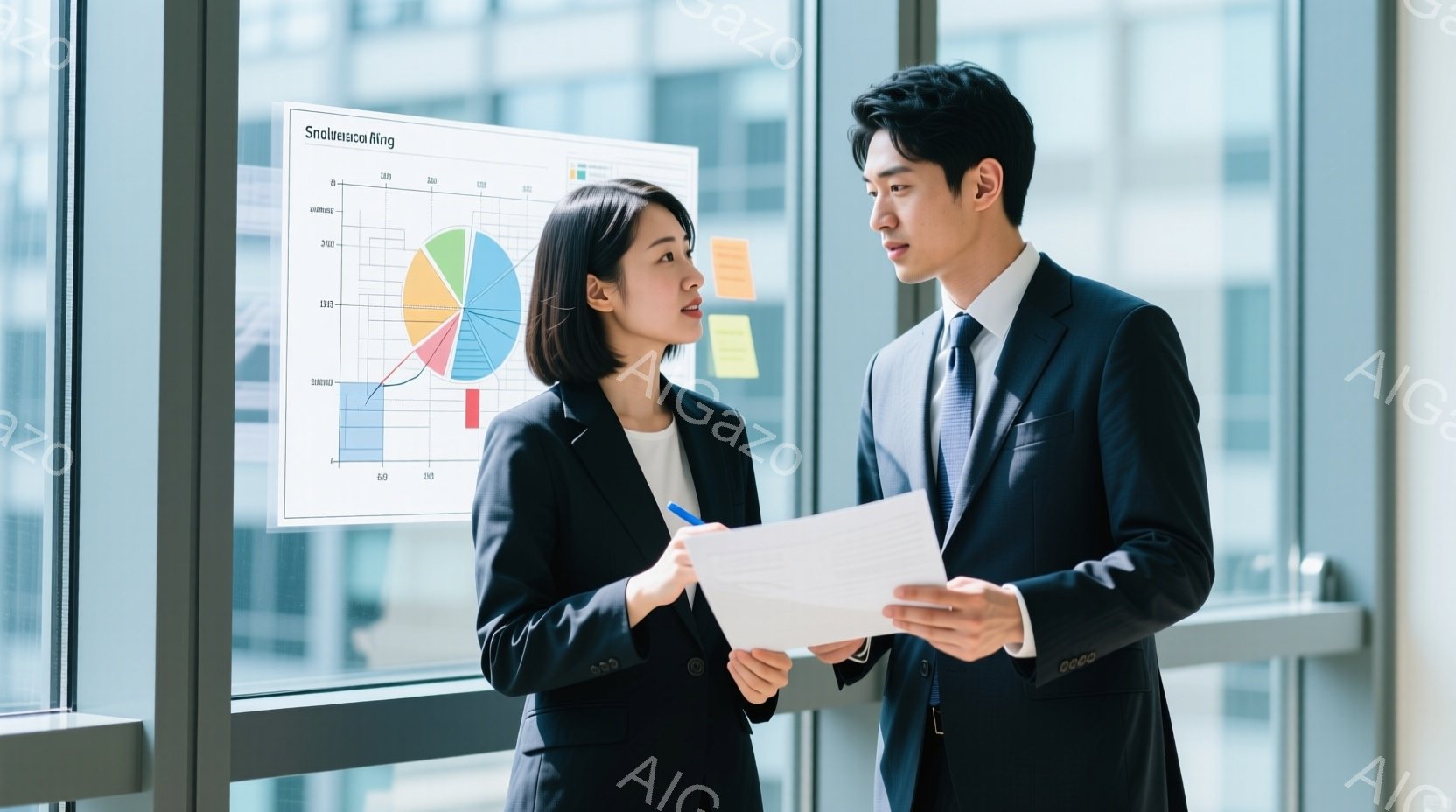 ビジネススーツを着た若い男女が写っている。女性は黒いスーツに髪を後ろでまとめており、何かを説明している様子で少し真剣な表情をしている。男性は紺色のスーツにネクタイをしており、何か書類を手に持ちながら女 - AI生成フリー素材