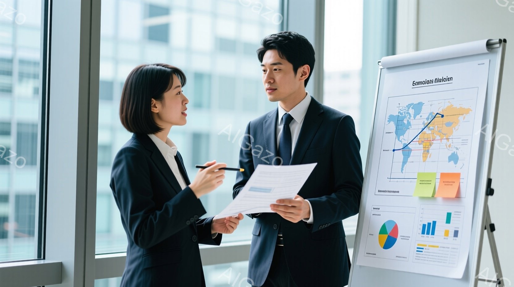 ビジネスウーマンとビジネスマンが、大きな窓の前で会議をしている様子が描かれています。女性は黒いスーツに髪を後ろにまとめ、片手にペンを持ち、書類を指しながら何かを説明しています。男性は紺色のスーツを着て - AI生成フリー素材