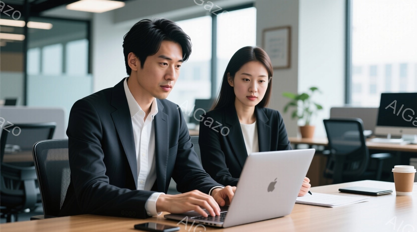 スーツを着た若い男性と女性が、明るいオフィスでノートパソコンに向かっています。男性はタイピングに集中し、女性はやや難しい表情で画面を見つめています。背景には他のオフィスチェアや植物が見え、全体的に真剣 - AI生成フリー素材