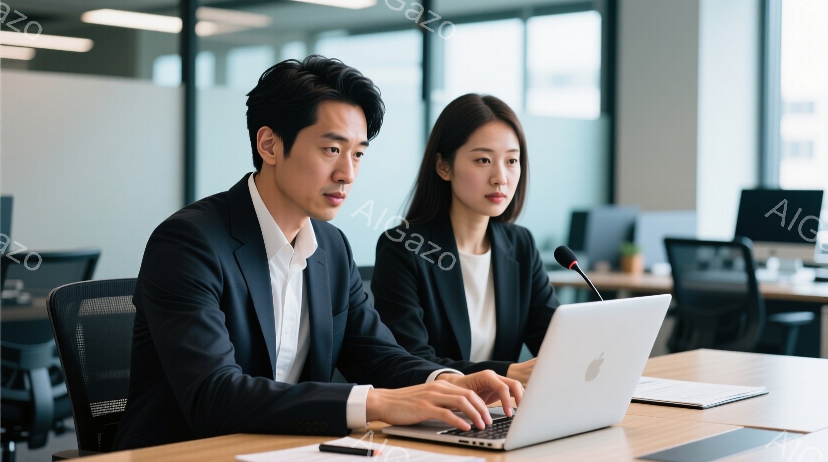 紺色のスーツを着た男性がノートパソコンのキーボードを操作しており、真剣な表情を浮かべている。隣には同じく紺色のスーツを着た女性がおり、ヘッドセットを装着し、やや緊張した表情でこちらを見ている。背景はオ - AI生成フリー素材