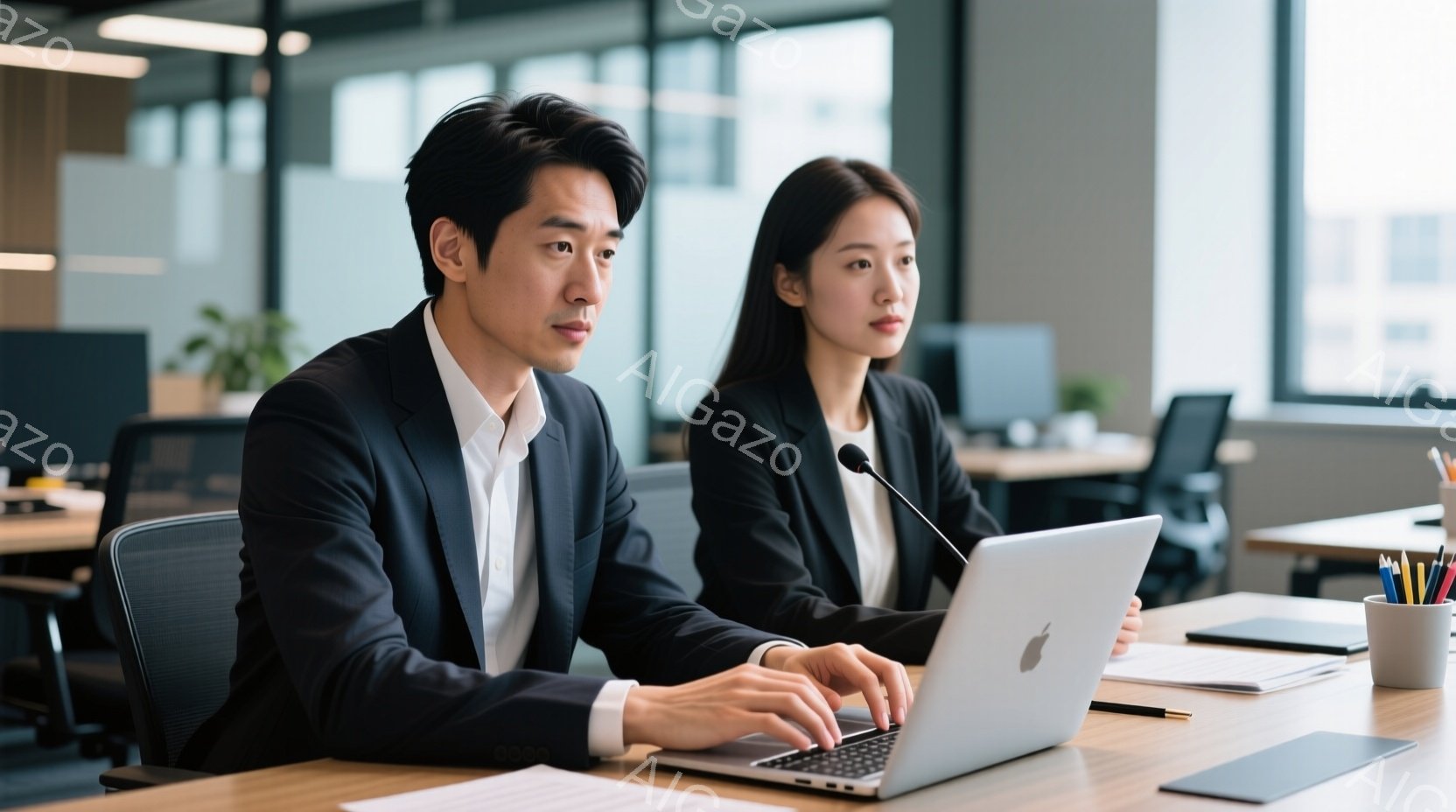 スーツを着た二人のビジネスパーソンが、明るいオフィスで会議に参加している様子が写っている。男性はノートパソコンを操作しており、女性は少し考え込んでいるような表情で、共に真剣な眼差しで前を見ている。背景 - AI生成フリー素材