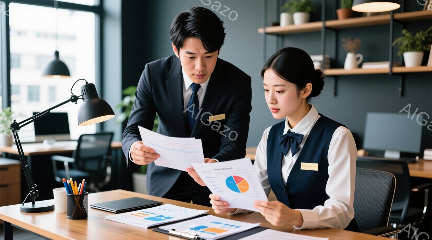 オフィスで一人の男性と一人の女性が書類を見ながら話しています。男性は黒いスーツにネクタイ、女性は青いベストと白いシャツを着ており、どちらも名札をつけています。明るい室内には、机の上には書類や文房具が置 - AI生成フリー素材