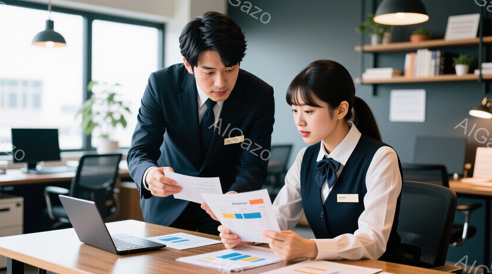 室内で、一人の男性と一人の女性が書類を見ながら会話しています。男性は黒いスーツにネクタイ、女性は白いブラウスにベストを着用しており、それぞれ胸に名札をつけています。明るい室内には、オフィス家具や書類が - AI生成フリー素材