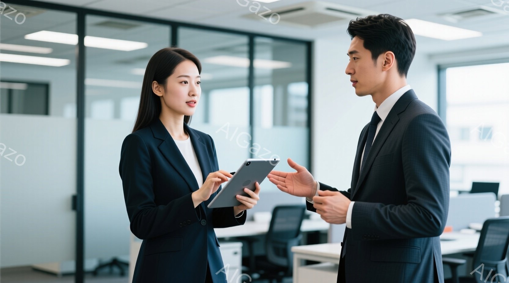 スーツ姿の男女がオフィスで会話しています。女性はタブレットを手に持ち、何かを説明しているようであり、男性は身振り手振りで熱心に話を聞いています。背景には他のオフィス家具が見え、室内は明るく清潔で、ビジ - AI生成フリー素材