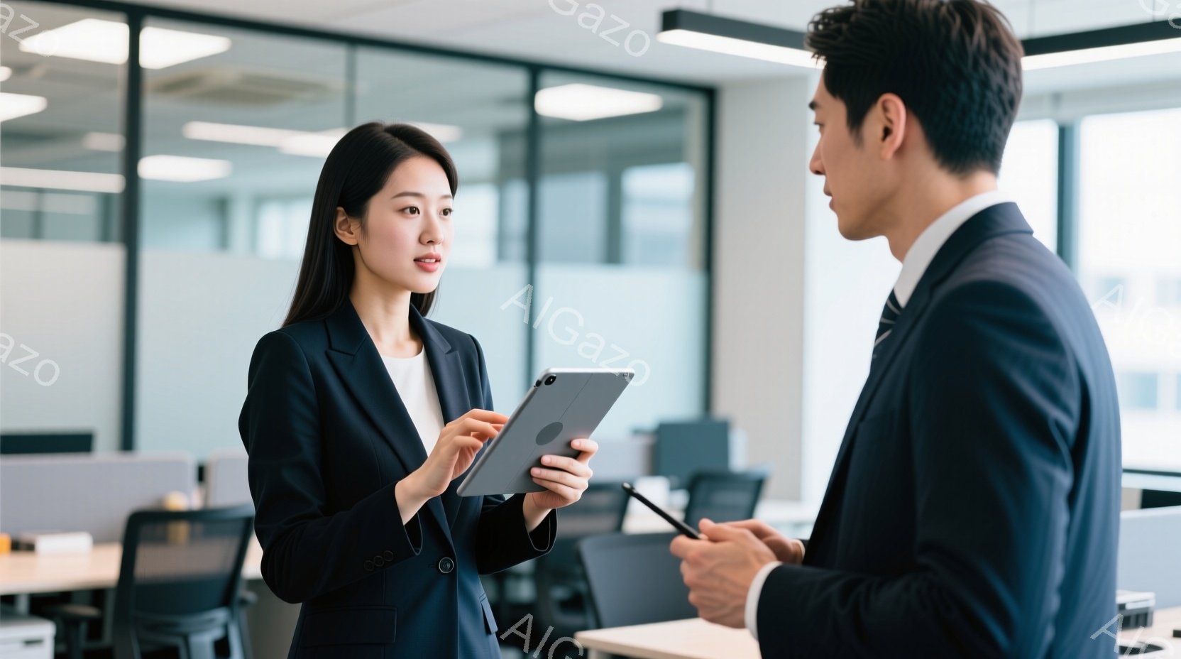 ビジネスシーンを写した画像で、一人の女性と一人の男性が対面して立っている。女性は黒いスーツに白いシャツを着ており、片手にタブレットを持ち、何かを説明しているような仕草をしている。男性は同じく黒いスーツ - AI生成フリー素材