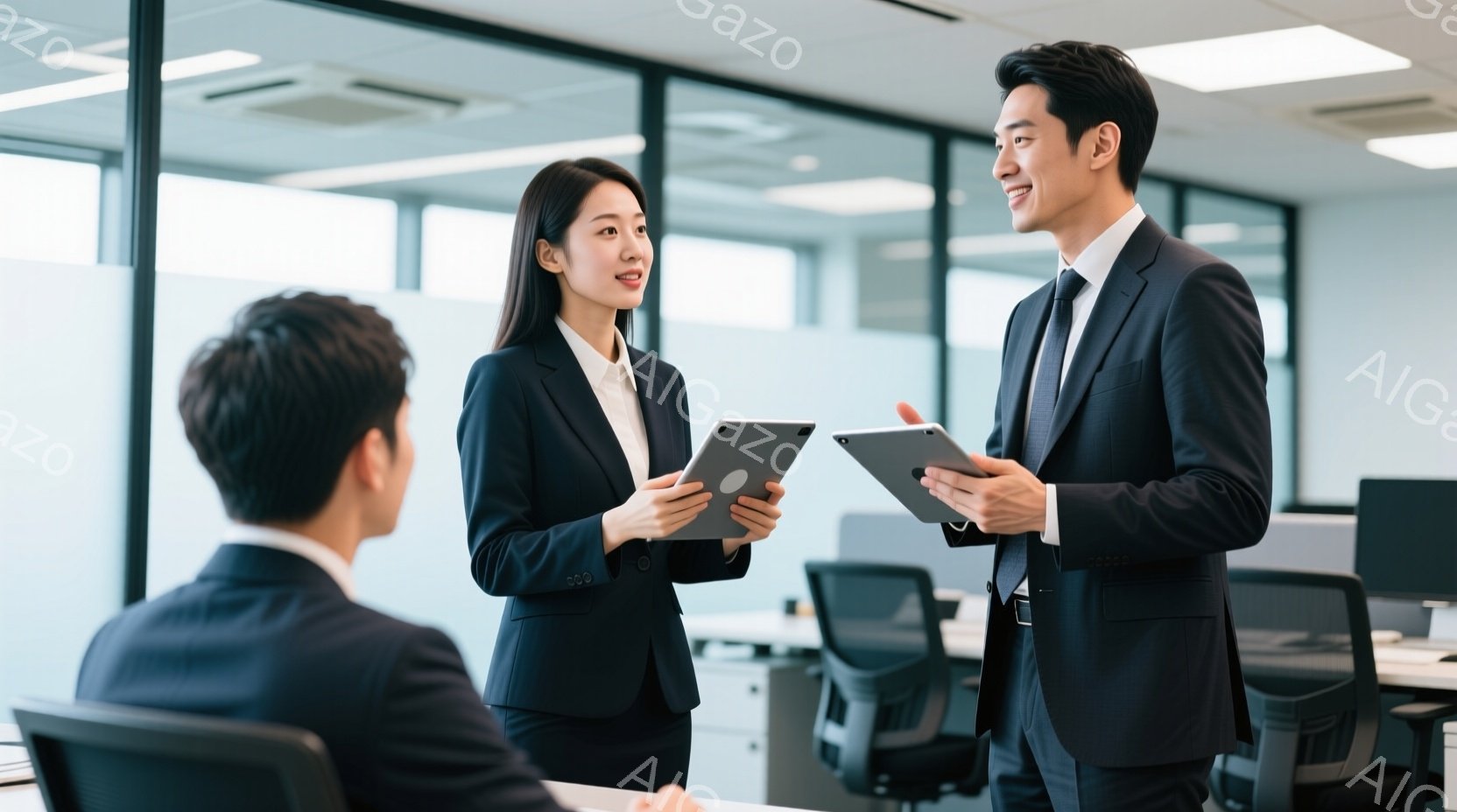 オフィスでタブレットを手に持ったビジネスマンとビジネスウーマンが写っています。ビジネスウーマンは黒いスーツを着て、微笑んでおり、ビジネスマンは同じように黒いスーツにネクタイを着用し、タブレットを指しながら何かを説明しているようです。背景には、他のオフィス家具と、わずかに見える同僚の姿があり、全体的に明るく、プロフェッショナルな雰囲気が漂っています。