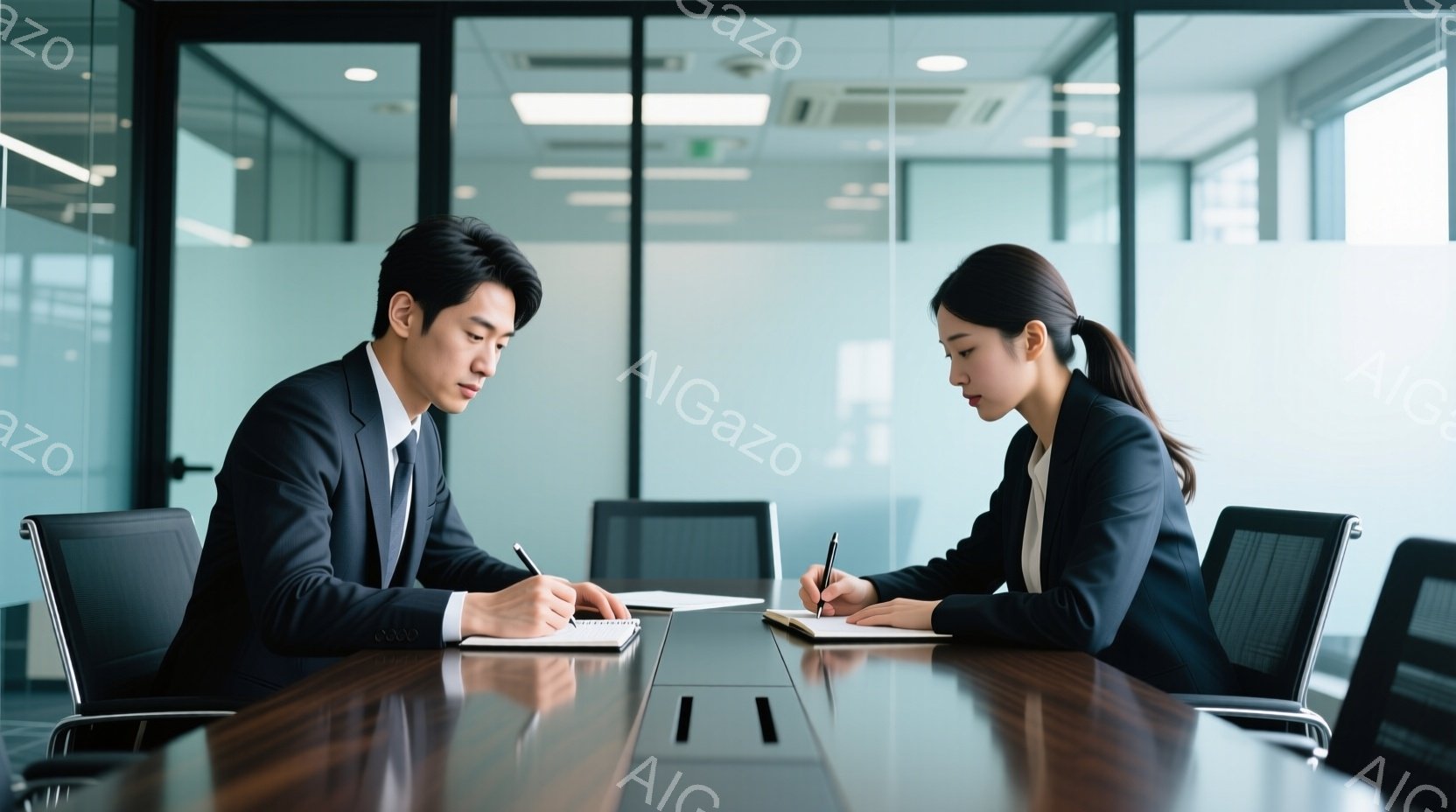 ビジネススーツを着た男性と女性が、長い木製の会議テーブルを挟んで向かい合って座っており、それぞれノートにペンで書き込んでいる。二人は真剣な表情で下を向いており、集中して仕事に取り組んでいる様子が伺える - AI生成フリー素材