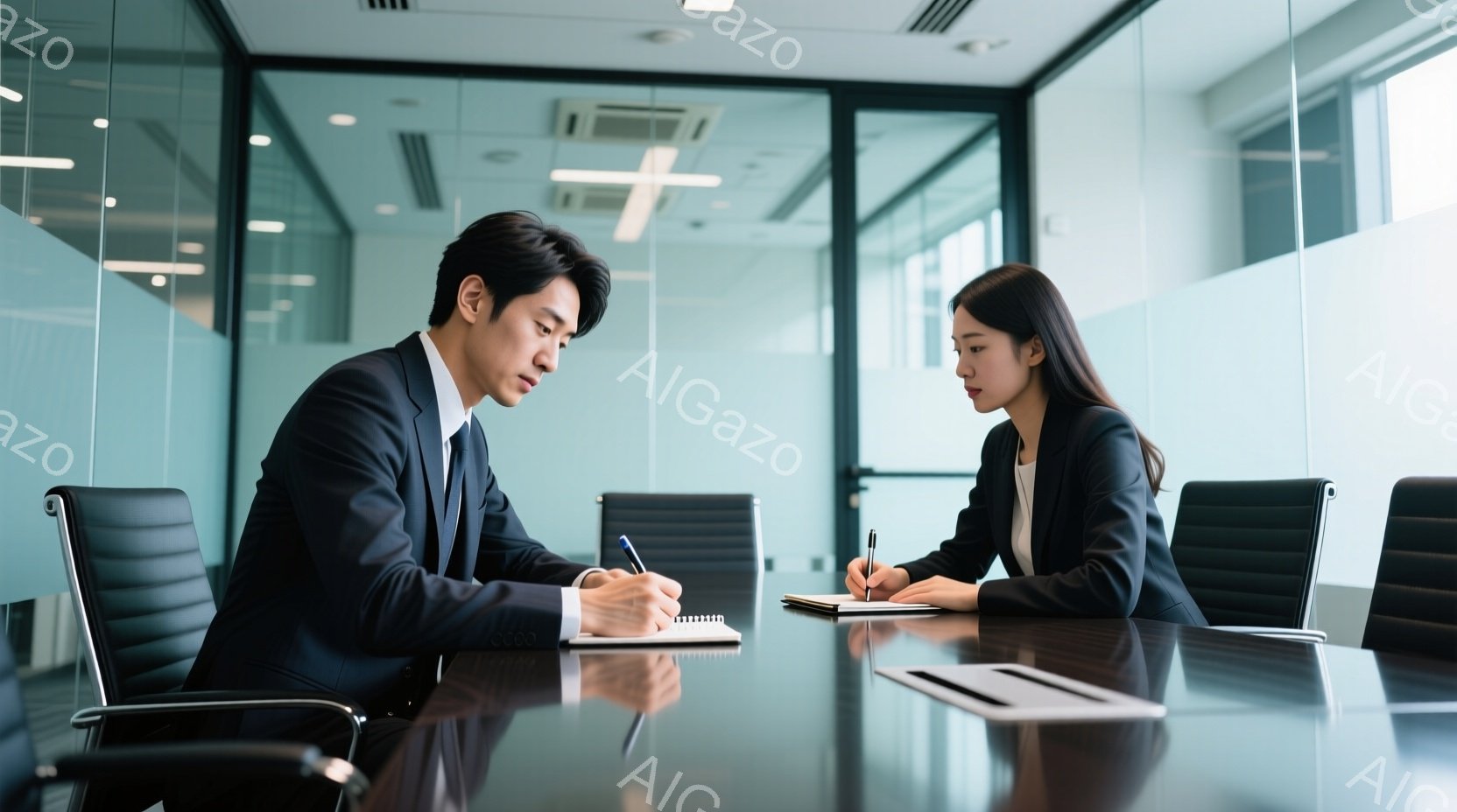 二人のビジネスパーソンが、広い会議室で机を挟んで向かい合って座っている。男性は黒いスーツにネクタイを締め、ノートに何かを書き込んでいる。女性も黒いジャケットと白いシャツを着ており、同じようにノートにペ - AI生成フリー素材