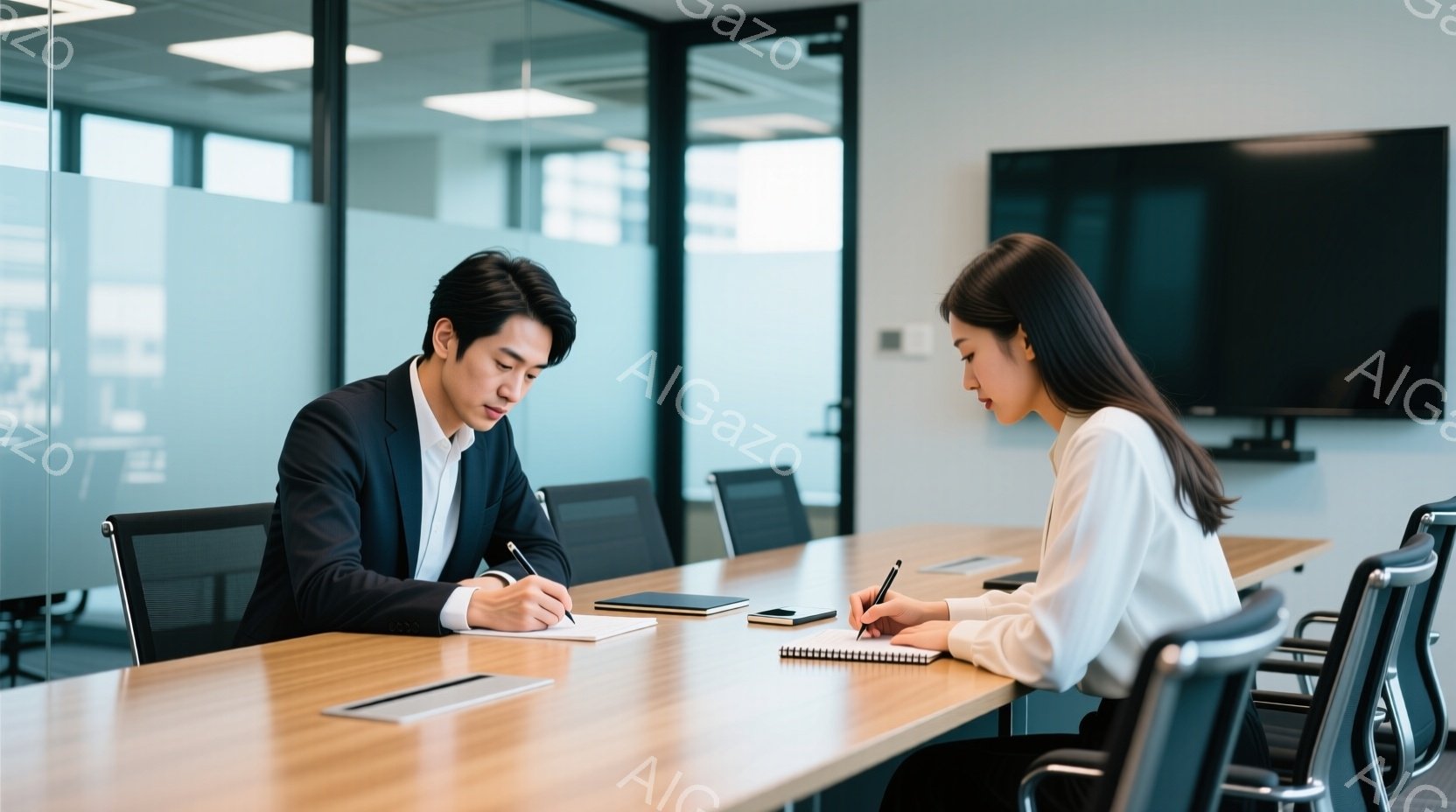 二人のビジネスパーソンが、木製のテーブルを挟んで向かい合って座り、それぞれラップトップパソコンを操作している。男性はダークスーツを着用し、短髪で集中した表情をしている。女性は白いブラウスと黒いパンツスーツ姿で、同じようにパソコン画面を見つめ、真剣な雰囲気である。