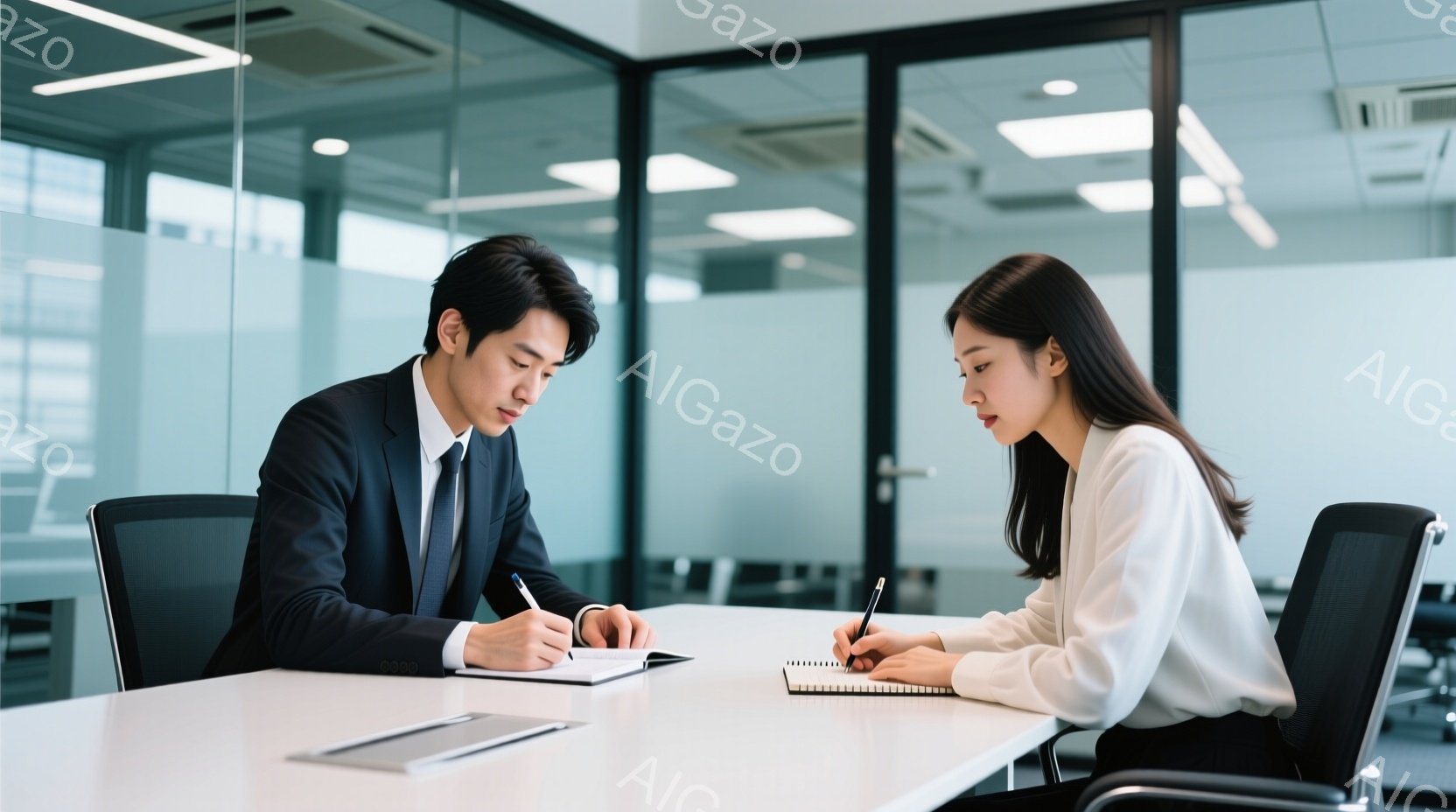 2人のビジネスパーソンが会議テーブルを挟んで向かい合って座っており、それぞれ手帳にペンで書き込んでいる。男性は黒いスーツにネクタイを締め、髪は短く整えられ、やや真剣な表情で手帳を見下ろしている。女性は - AI生成フリー素材