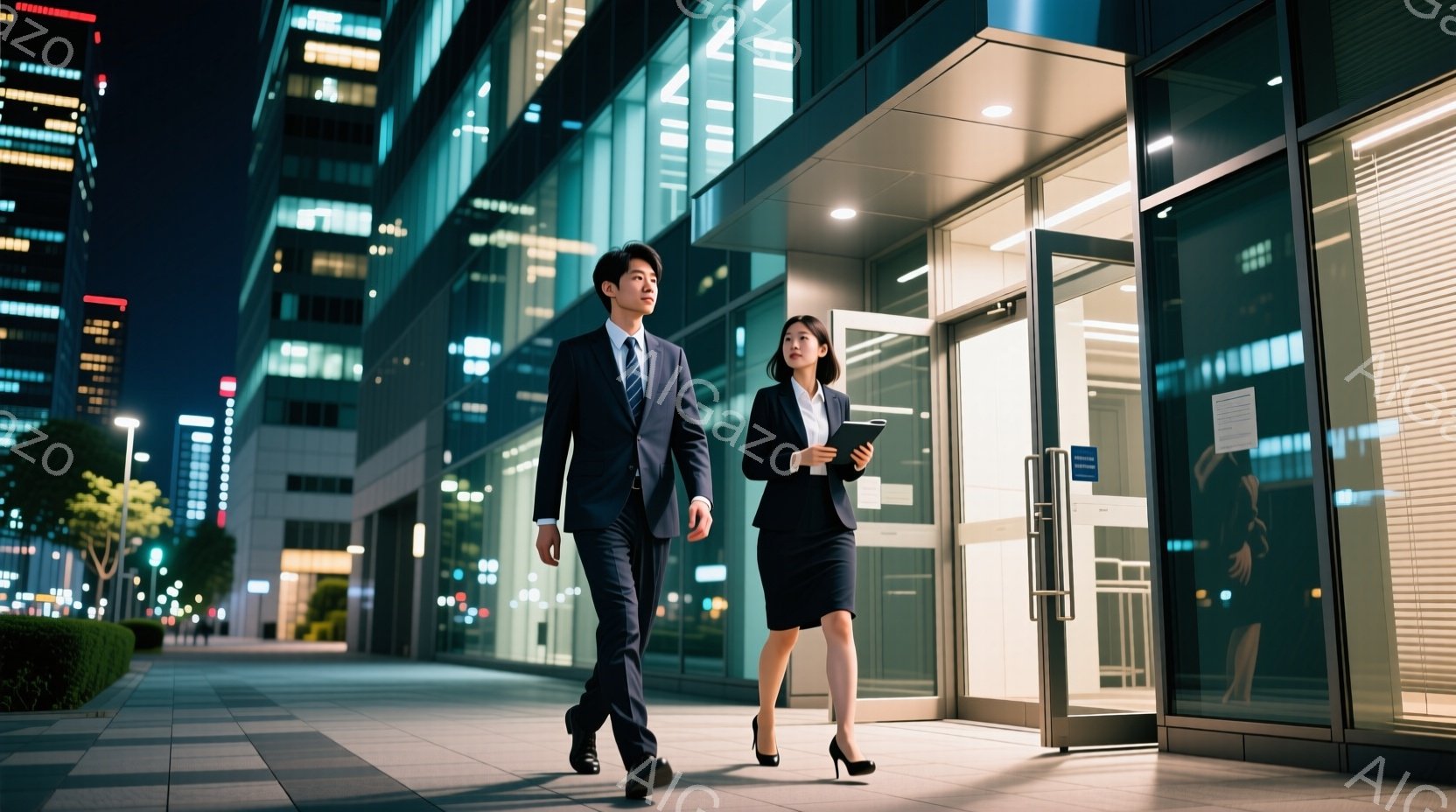 ビジネスマンとビジネスウーマンが、夜の都市の歩道を進んでいます。男性は紺色のスーツ、女性は黒のスーツスカートと黒のパンプスを着用し、どちらも真剣な表情で前を見据えています。背景には高層ビルが立ち並び、夜の街の明かりが反射し、洗練された雰囲気を作り出しています。