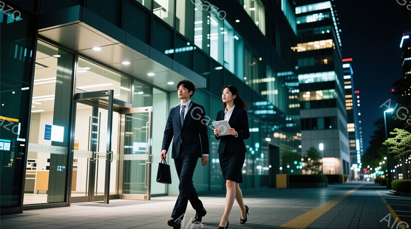 ビジネススーツを着た男女が、夜の街を歩いている様子が写っている。男性は黒いスーツにネクタイ、女性は黒いスーツにスカート、手に書類を持っている。背景には高層ビル群が立ち並び、夜景がライトアップされており - AI生成フリー素材