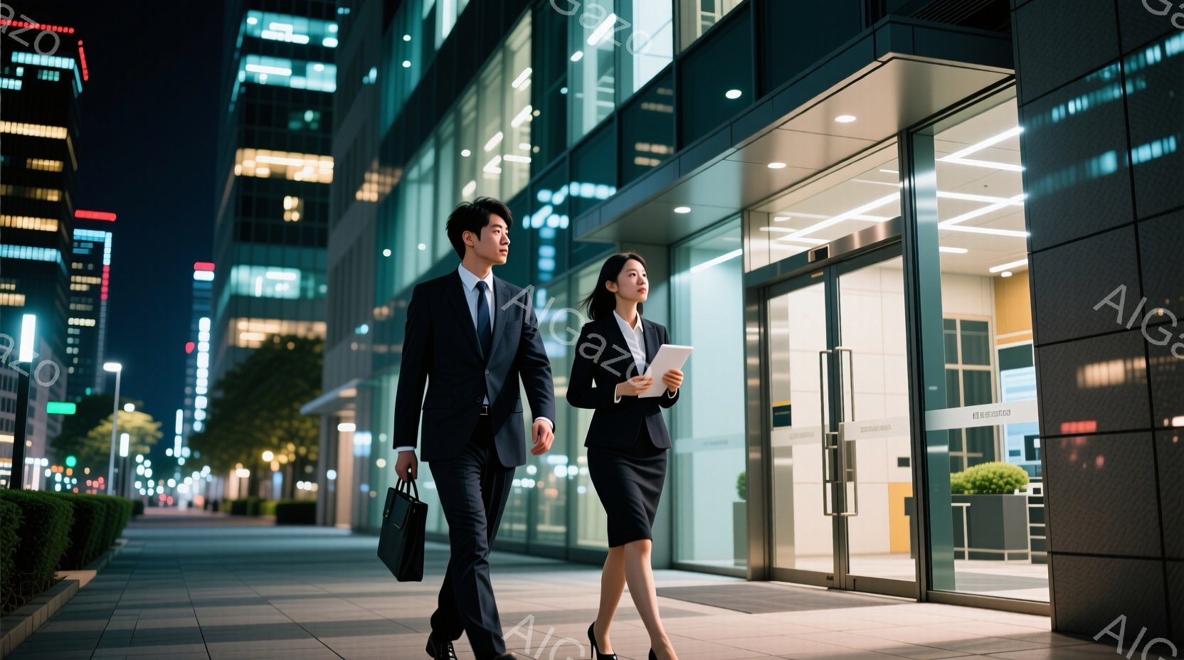 ビジネスマンとビジネスウーマンが夜の街で歩いている様子が描かれている。男性は黒いスーツにネクタイ、女性は黒いジャケットとスカートを着用し、手には書類やタブレットを持っている。背景には高層ビル群が立ち並 - AI生成フリー素材