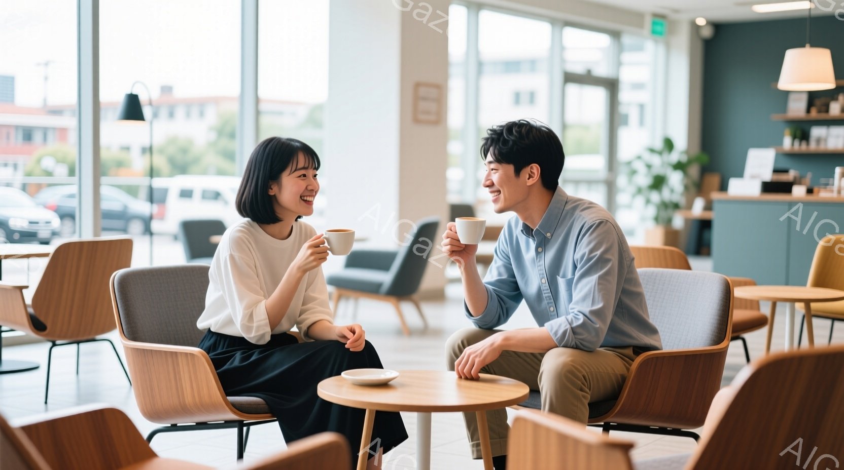 カフェのテーブルを挟んで向かい合って座っている若い男女が写っています。女性は白いブラウスに黒いスカート、ショートヘアで、笑顔で男性を見ています。男性は青いシャツを着ており、女性の方を向いて微笑んでいま - AI生成フリー素材