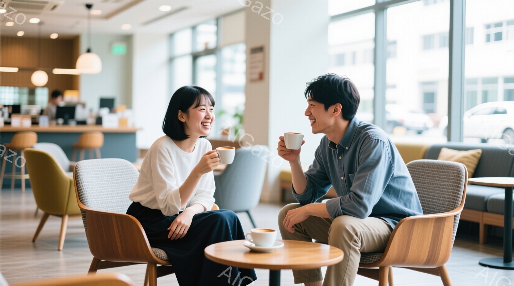 若い男女がカフェで向かい合って座り、笑顔で会話を楽しんでいます。女性は白いブラウスに濃い色のズボンを着用し、髪は肩にかかるくらいの長さで、笑顔が印象的です。男性は水色のシャツとベージュ色のパンツを着用 - AI生成フリー素材