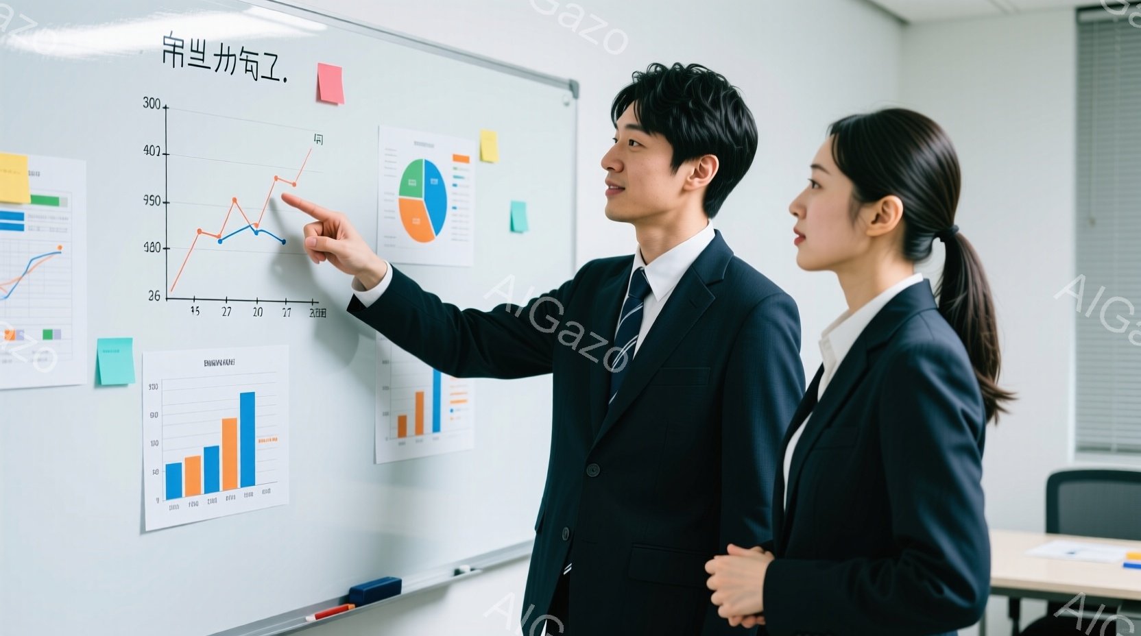 スーツを着た若い男性と女性がホワイトボードの前で立っている。男性は指でグラフを指し示し、熱心に説明しているように見える。女性は少し体を傾け、興味深そうに男性の説明を聞いている。 - AI生成フリー素材