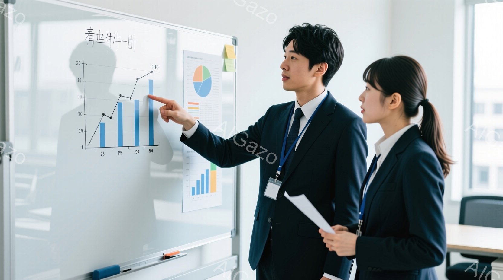 白板の前でプレゼンテーションをしているビジネスマンとビジネスウーマンが写っています。ビジネスマンは黒いスーツにネクタイを着用し、髪は短く整えられており、白板のグラフを指差して説明しています。ビジネスウ - AI生成フリー素材
