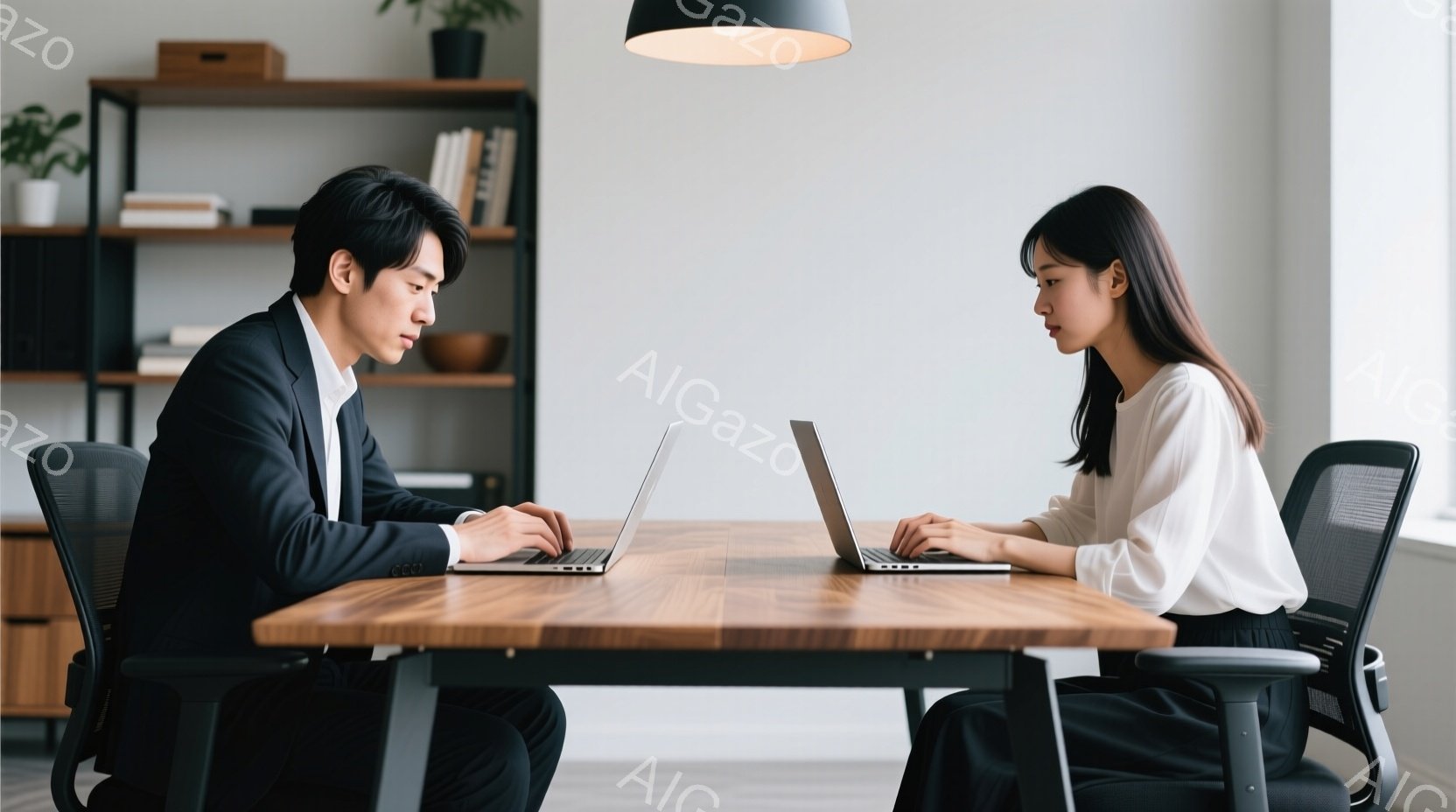 スーツを着た男性と白いブラウスを着た女性が、木製のテーブルを挟んで正面を向いて座り、それぞれノートパソコンを操作している。二人は真剣な表情でパソコンの画面を見つめており、集中して仕事に取り組んでいる様 - AI生成フリー素材