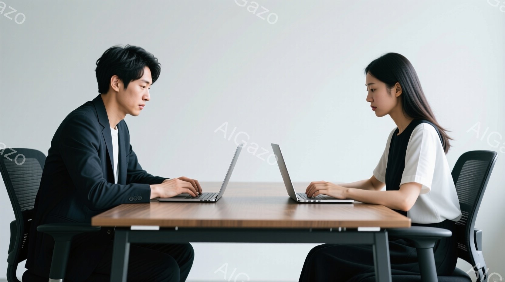 二人の人物が向かい合って座り、それぞれノートパソコンを操作している。男性は黒いスーツに白シャツ姿で、真剣な表情でタイピングをしている。女性は白のトップスと黒いベストを着用し、同じくノートパソコンを見つ - AI生成フリー素材