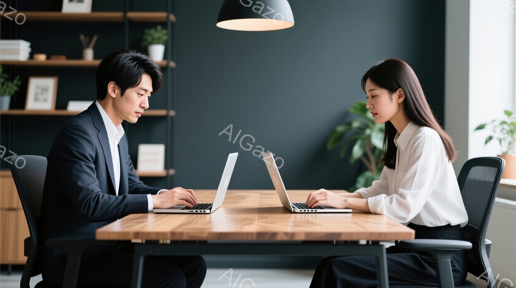 ビジネススタイルの男女が、木のテーブルを挟んで向かい合って座り、それぞれのラップトップパソコンを操作している。男性は濃い色のスーツを着用し、短髪で、真剣な表情でタイピングをしている。背景には、本棚と植 - AI生成フリー素材