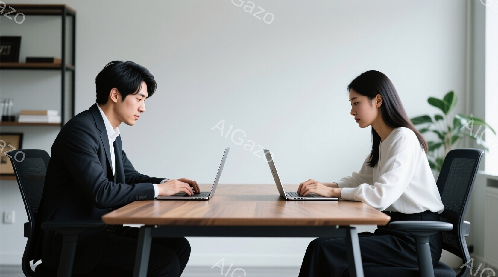 室内で、スーツを着た男性と白いブラウスを着た女性が向かい合って座り、それぞれノートパソコンを操作している。二人は集中した表情で画面を見つめ、姿勢はまっすぐで、ビジネスシーンを連想させる。背景には木製の棚と観葉植物が見え、落ち着いた雰囲気のオフィス空間であることがわかる。