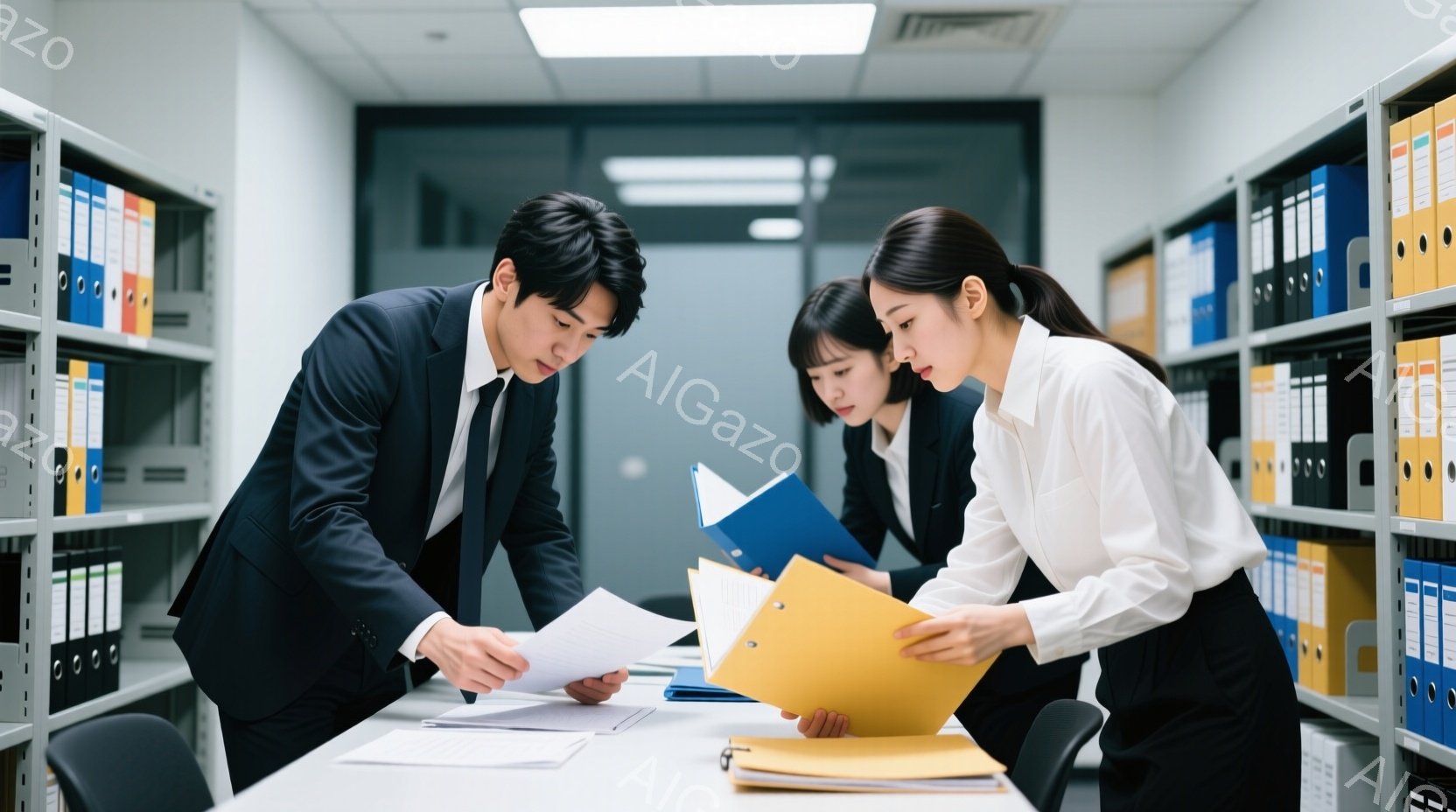 三人のビジネスパーソンが書類を手にしながら、オフィス内の棚の前で身を乗り出して話し合っている様子が写っている。男性は黒いスーツにネクタイ、女性は白いシャツに黒いパンツまたはスカートを着用し、髪は後ろでまとめており、真剣な表情で書類をチェックしている。背景には書類が並んだ金属製の棚が続き、オフィス特有の落ち着いた雰囲気が漂っている。
