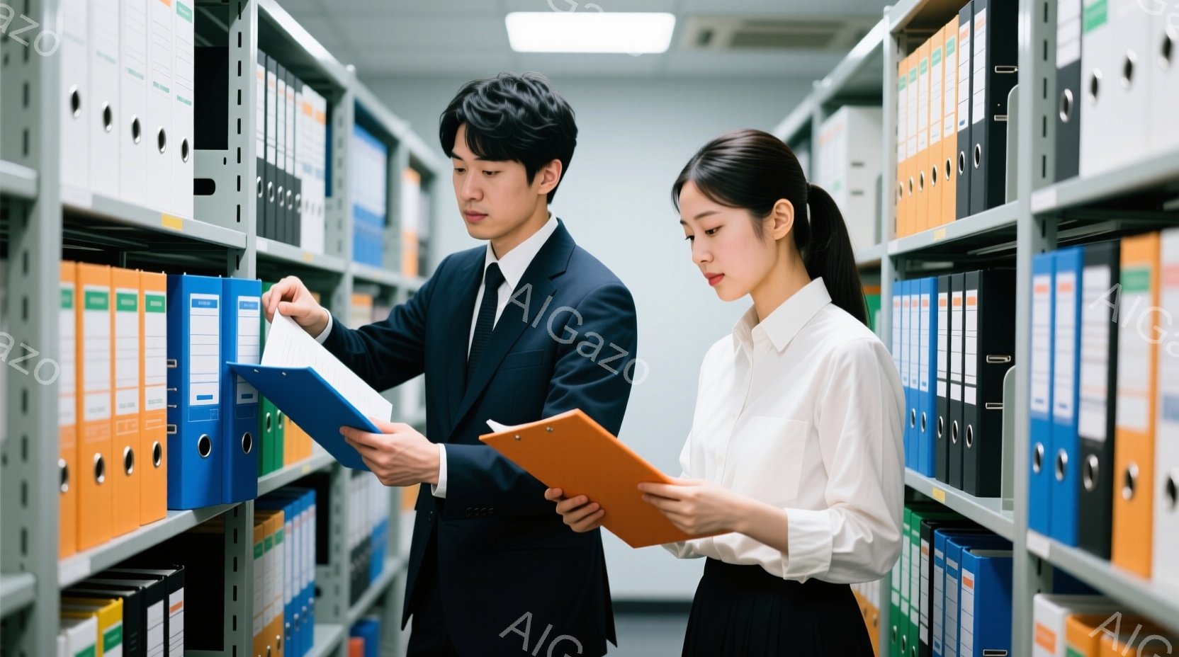 紺色のスーツを着た男性と白いシャツに黒いスカートを着用した女性が、書類が詰まった棚の前で書類を探している。男性は青いファイルを開いて内容を確認しており、女性はクリップボードを持って注意深く見つめている。背景は整然と並んだ書類棚で、オフィスやアーカイブのような、静かで整理された雰囲気が漂う。