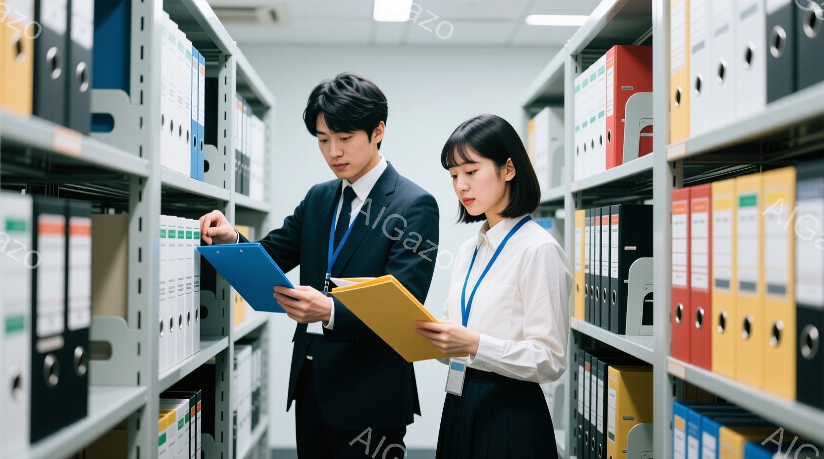 書類が並んだ棚の前で、男性と女性が立っています。男性は黒いスーツにネクタイ、女性は白いブラウスと紺色のスカート姿で、それぞれ身につけたIDカードが見えます。二人は書類を手に、何かに集中して確認している様子で、オフィスや図書館のような空間で、落ち着いた雰囲気が漂っています。