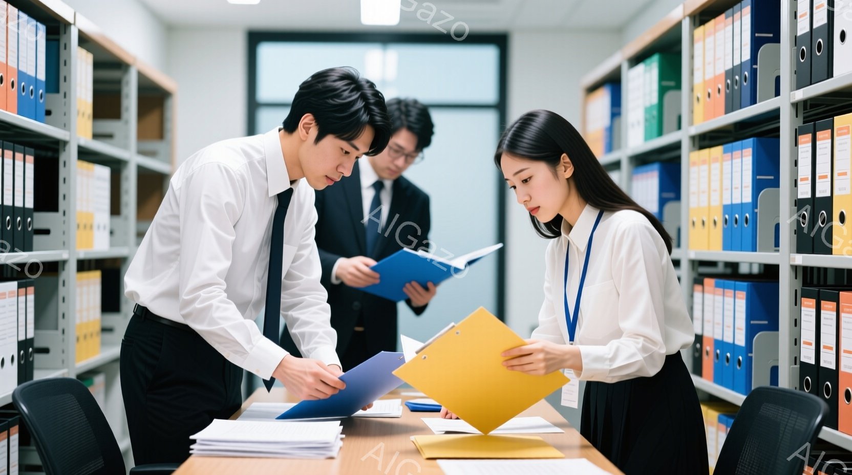 三人のビジネスパーソンが書類を手にオフィスで立っている。男性は紺色のスーツと白いシャツを着ており、女性は白いシャツに黒いスカート、そして身につけたIDカードをつけている。彼らは書類を手に取り、真剣な表情で何らかの確認作業を行っている様子で、背後にはファイルが並んだ書架が並んでいる。