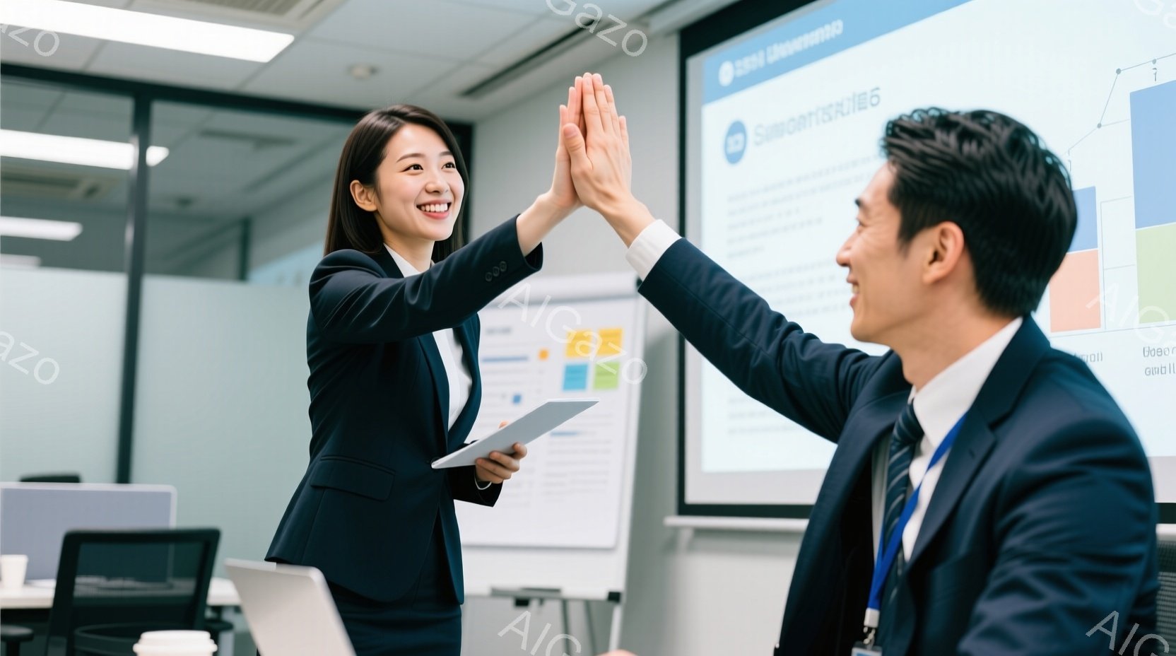 ビジネスマンが女性に対して、書類を指差しながら何かを厳しく説明している様子が伺えます。男性は黒いスーツにネクタイ、女性も黒いスーツ姿で、共に真剣な表情を浮かべています。背景は木目調の会議室で、大きな窓から外の景色が見え、全体的に緊張感のある雰囲気です。